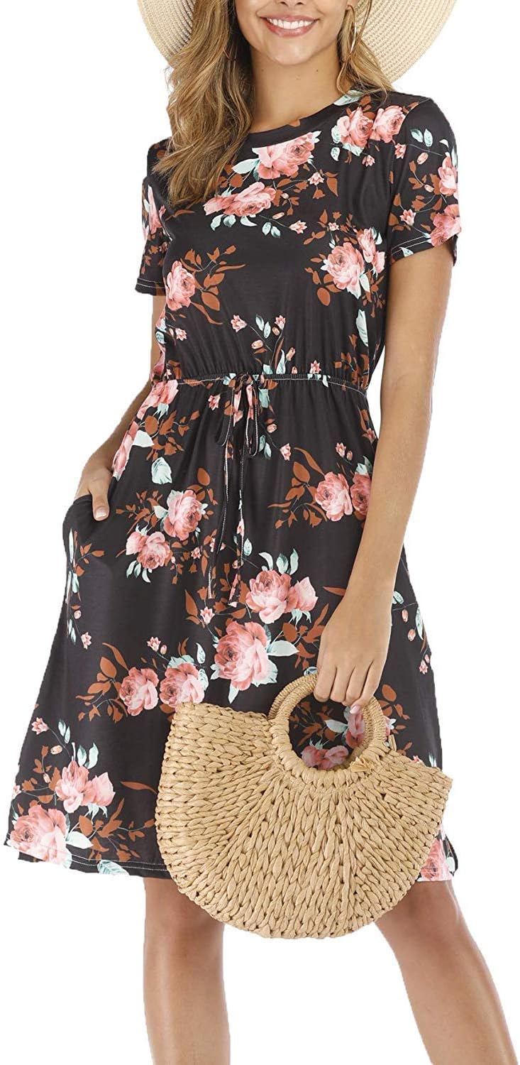 YuanRoad Women's Plain Casual Short Sleeve Midi Dress YRNZ1963-Black-S