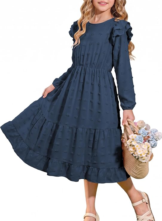 blibean Girls Fall Long Sleeve Dresses Swiss Dots Maxi Size 6-15 | with Pockets, Dual Ruffle, Cute, Boho, Formal, Winter Christmas Dress Outfit Clothes