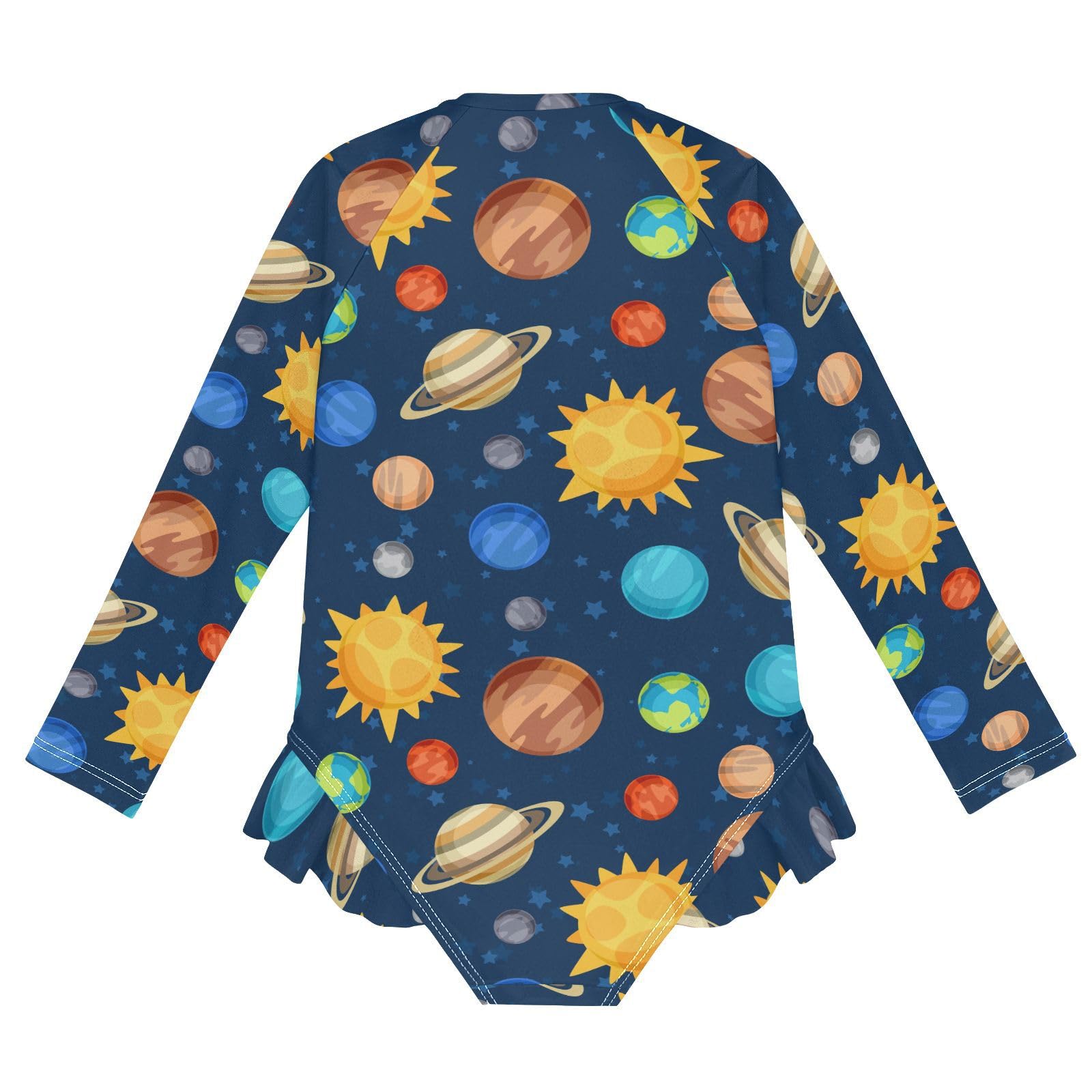 JHKKU Girls Long Sleeve Cosmic Planets Solar System Swimsuit One Piece Zipper Rash Guard Bathing Suit with UPF 50+ Sun Protection Ruffle Swimwear 3T