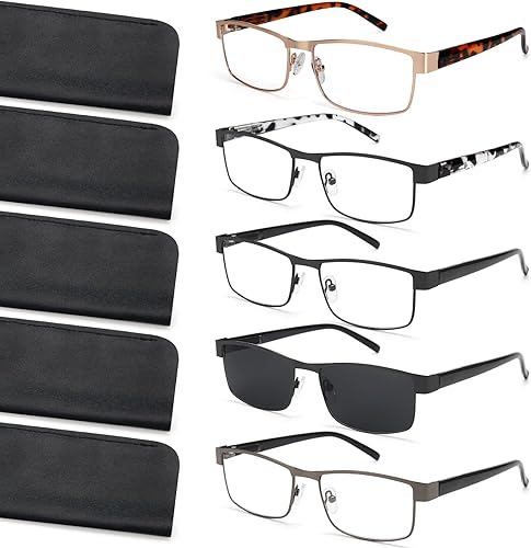 Gafas de lectura para hombre, bloqueo de luz azul, para lectores de metal, antifatiga ocular, migraña, anteojos para computadora, paquete de 5