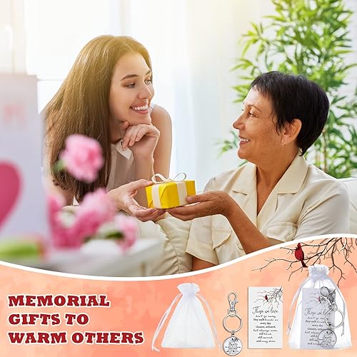 Miniatura 6 de 36 juegos de llaveros cardenales conmemorativos con tarjetas, bolsas de organza, llavero de metal rojo pájaro cardenal para regalo de duelo, siempre