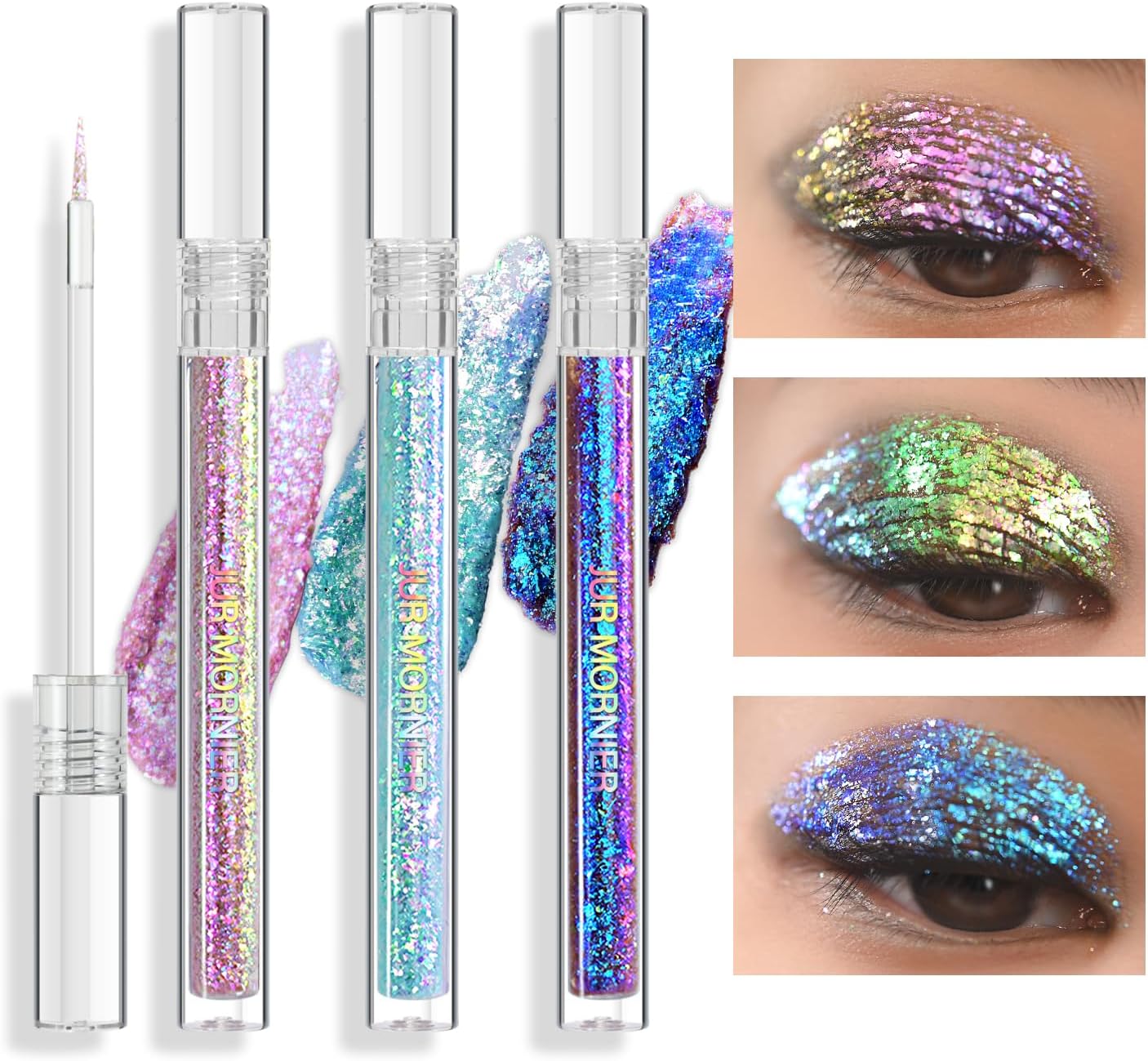 Multichrome Liquid Eyeshadow Set,3 Colors Multi-Dimensional Eye Liner Makeup,High Pigment Waterproof Metallic Eye Shadow,Ultre Fine Tip Glitter Eyeshadow (A04+A05+A06)