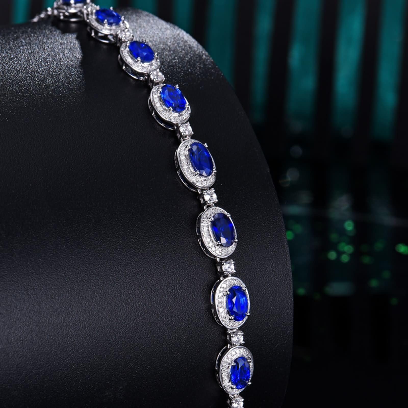 Pulsera de Oro Blanco Mujer 9 Kilates / 14 Kilates / 18 Kilates, Oval con Zafiro Creado de 4,3 ct y Diamante, Cadena Extensible 16 CM + 5 CM, Pulsera Plata Azul Verde Mujer Ajustable