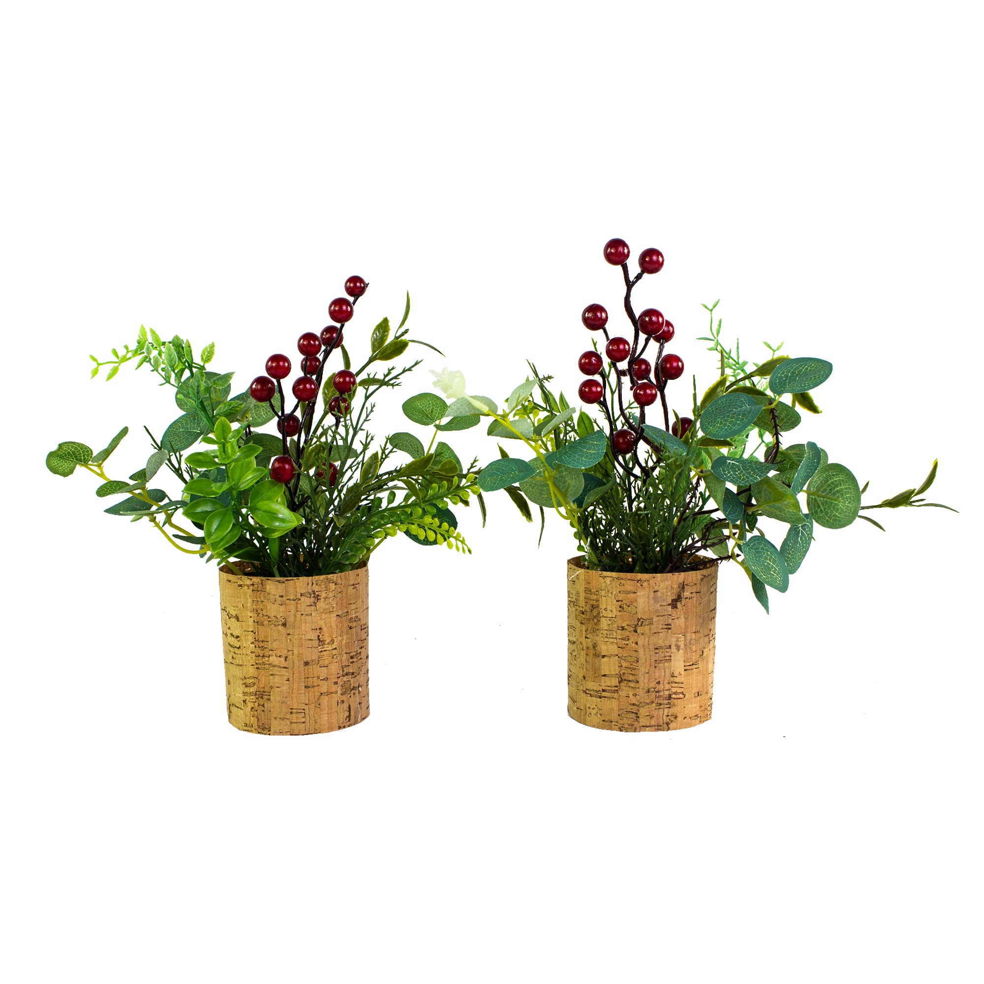 ARCCI Artificial Potted Plants Christmas Tabletop Decorations - Small Christmas Centerpiece Artificial Tree Plants with Sturdy Stand and Fake Greenery and Red Berries Decor - Set of 2