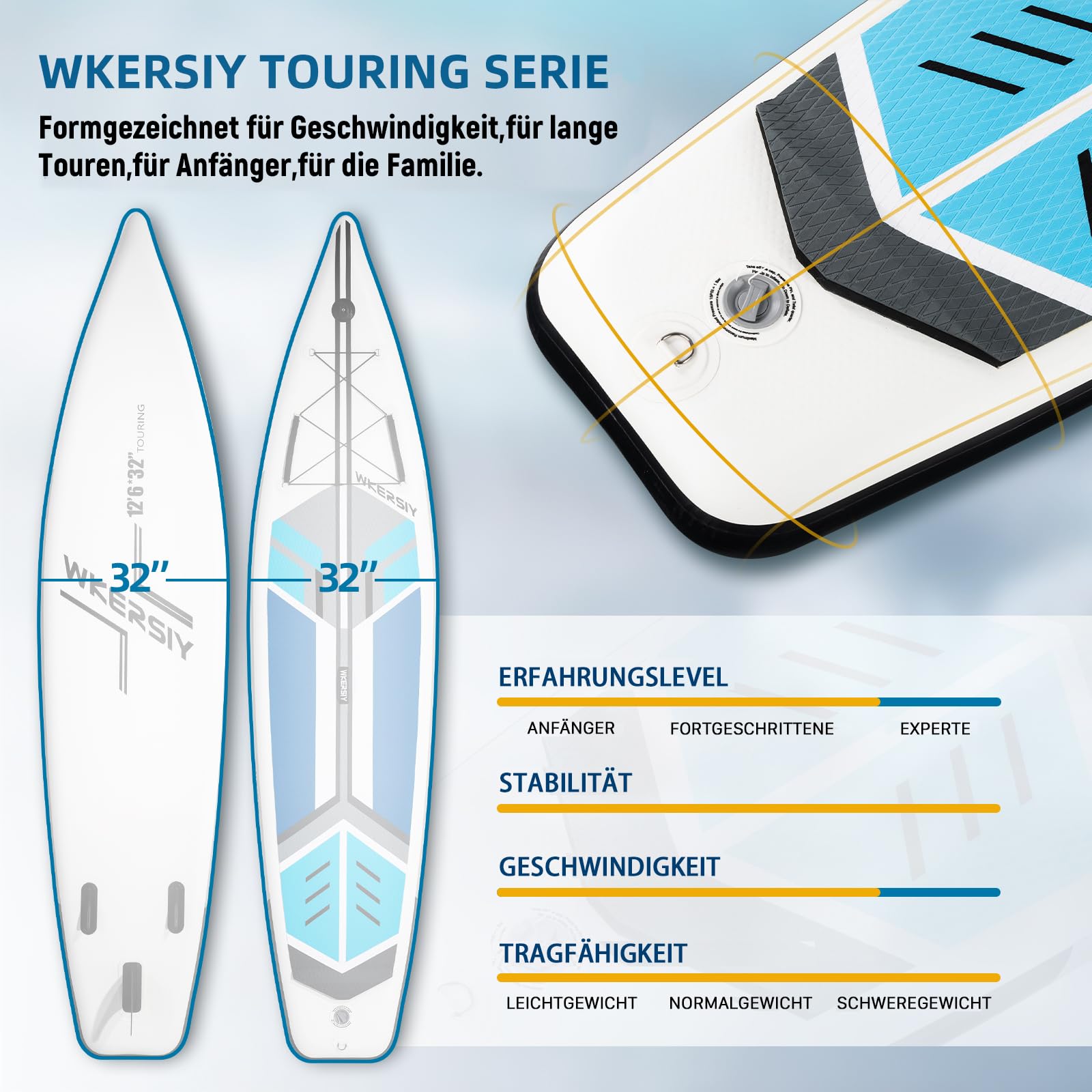 WERSIY Tavola SUP Gonfiabile 380cm – Tavola da Paddleboard Premium per Touring, Corsa e Lunga Distanza, iSUP Veloce e Stabile con Kit Completo di Accessori (Pagaia, Pompa, Guinzaglio, Zaino)