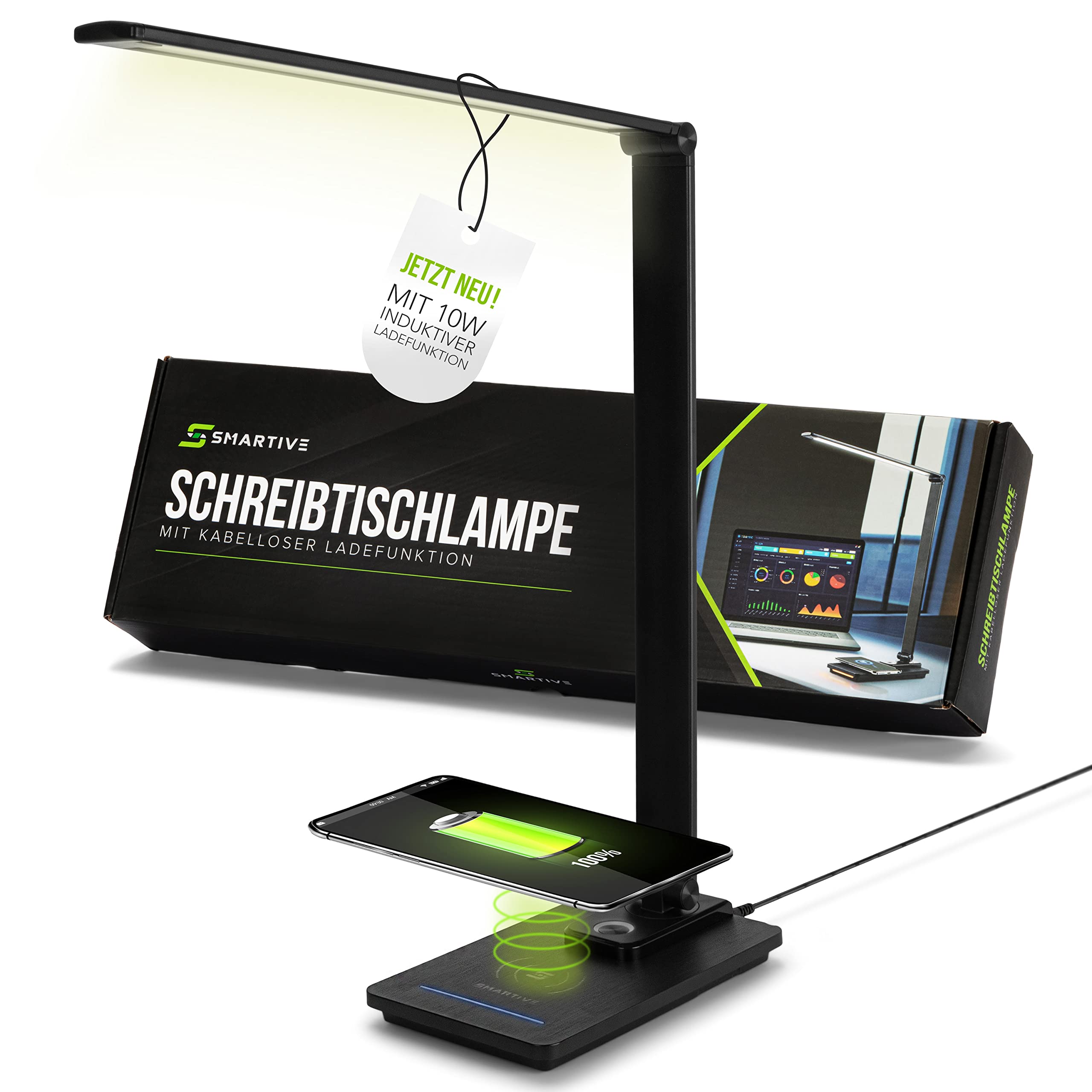 SMARTIVE | Design Schreibtischlampe mit kabelloser Ladefunktion - LED Bürolampe mit 10W wireless charging - augenschonendes Licht dimmbar und Laden ohne Kabel | desk lamp schwarz + USB Ausgang