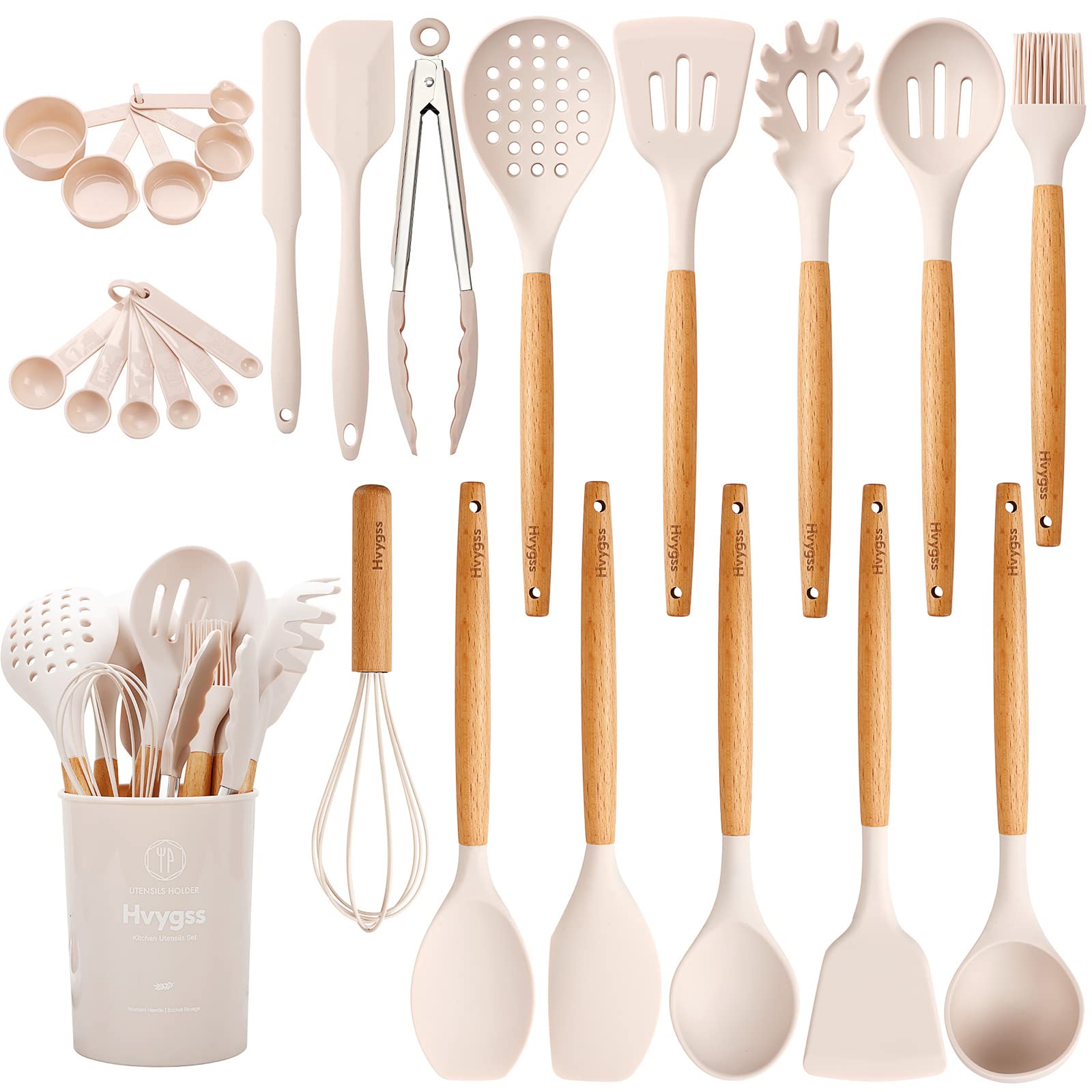 Kitchen Utensils Set with Wooden Handle, 26 Pieces Heat Resistance Silicone Cooking Utensils Set with Holder, Food Grade Non-Stick Silicone Spatula, Kitchen Set for Cooking (Khaki)