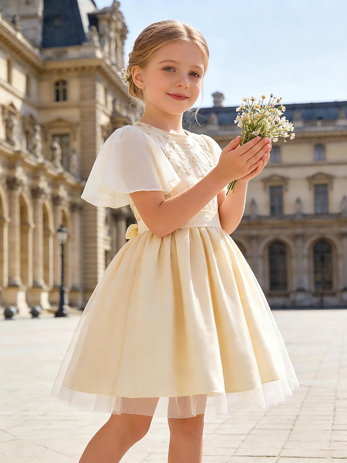 Flower Girl Tulle Tutu Dress - Floral Lace Back Formal Wedding Party Bridesmaid Communion Elegant Princess Gowns - Image 8
