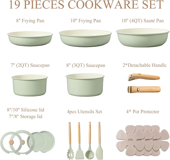 CAROTE Pots and Pans Set, Nonstick Cookware Set Detachable Handle, 19pcs Induction Kitchen Cookware Sets Non Stick with Removable Handle, RV Cookware Set, Oven Safe, Sage Green