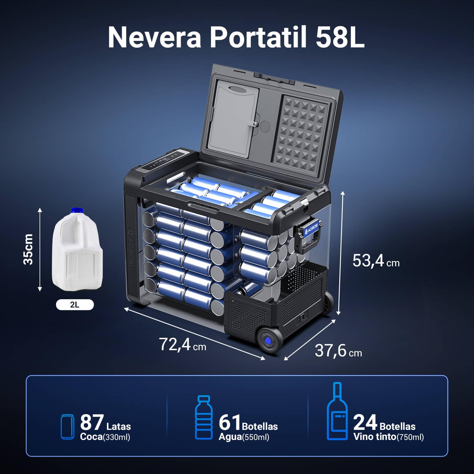 AAOBOSI Nevera Portatil 58L, Nevera 12V Compresor -20°C a 20°C, 12/24V DC y 100-240V AC Rugged Nevera para Coches, Casa, Viajes, Barco, Autocaravana, Camping y pesca