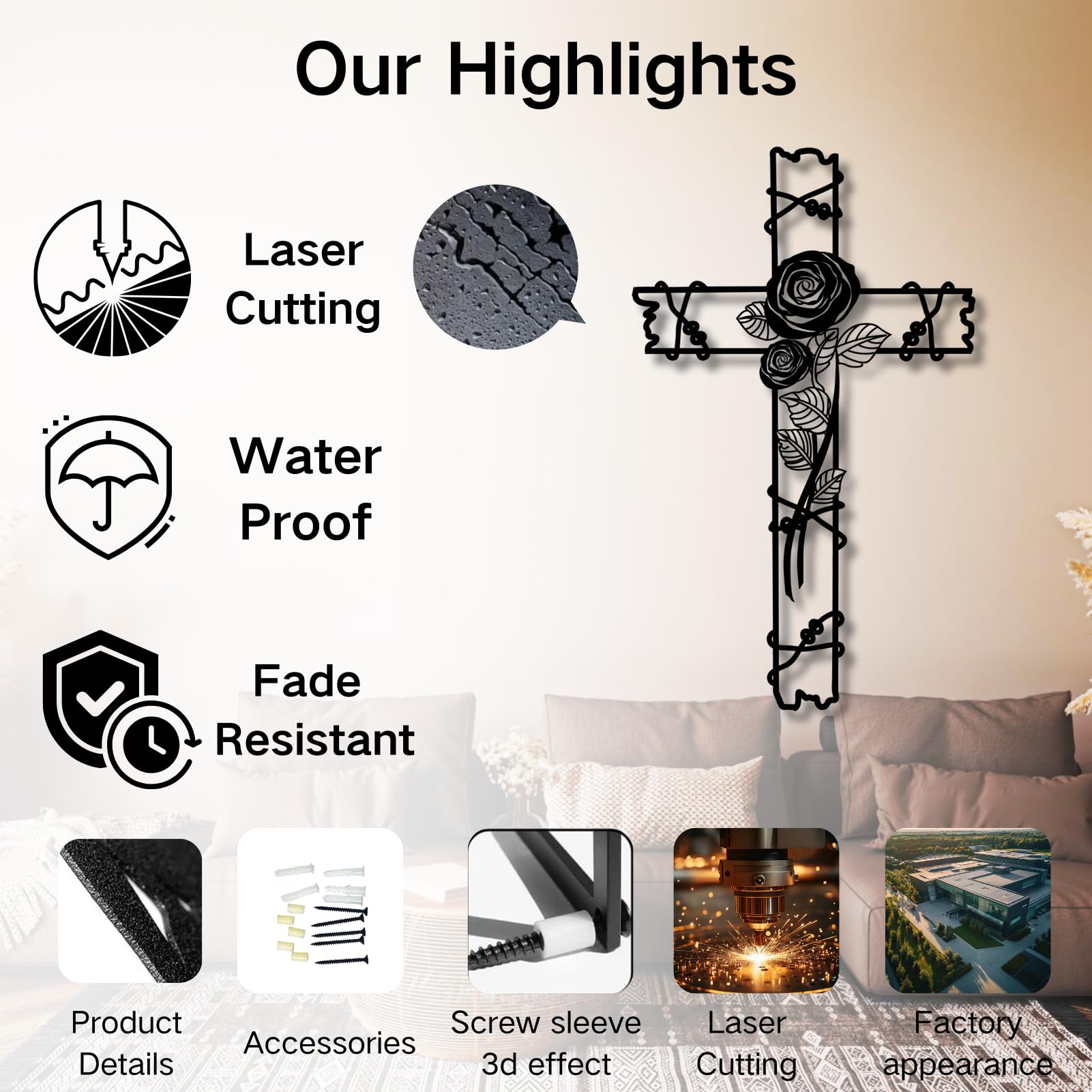 Metalowy czarny kwiatowy krzyż na ścianę, rustykalny metalowy religijny motyw ścienny, dekoracja kościoła, dekoracja salonu, sypialni, korytarza i schodów, naturalny wystrój domu (czarny, 48