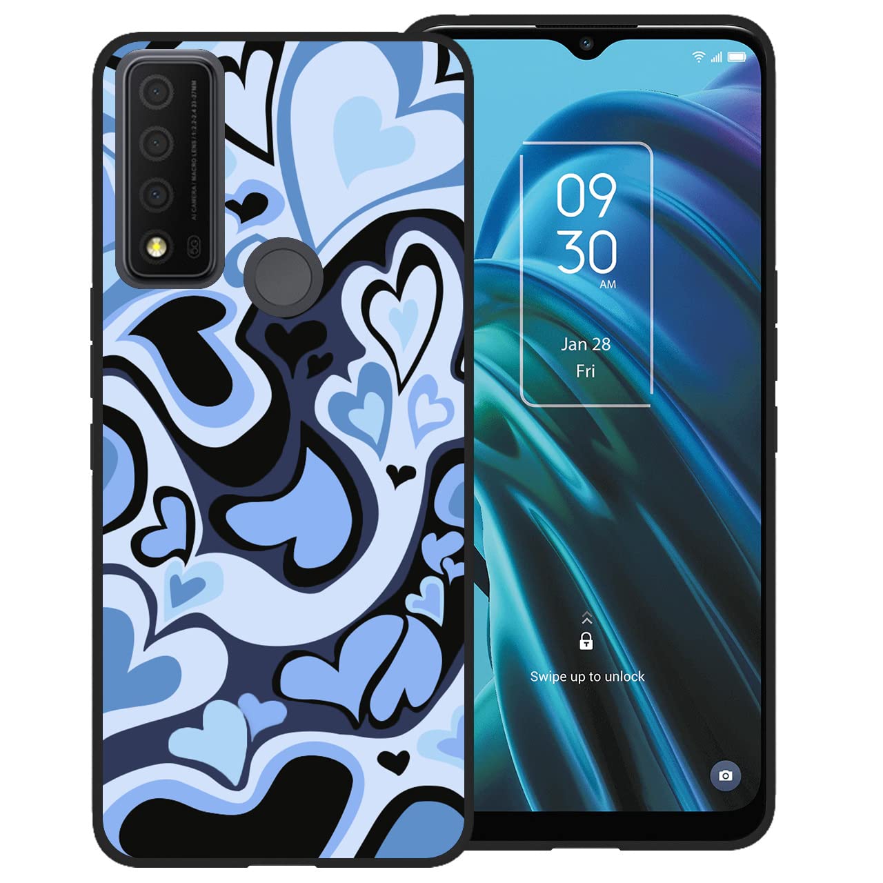 zaztify Phone Case for TCL 30 XE 5G, Lovely Irregular Blue Black Love Heart Lovecore Aesthetic Cute Shockproof Protective Anti-Slip Thin Soft Cover