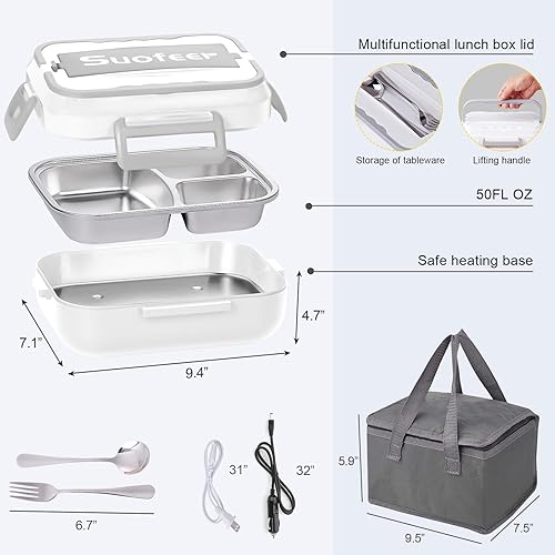 Miniatura 4 de Lonchera eléctrica, lonchera de calefacción eléctrica, calentador de alimentos 60 W de calor más rápido, con tenedor y cuchara y bolsa de transporte
