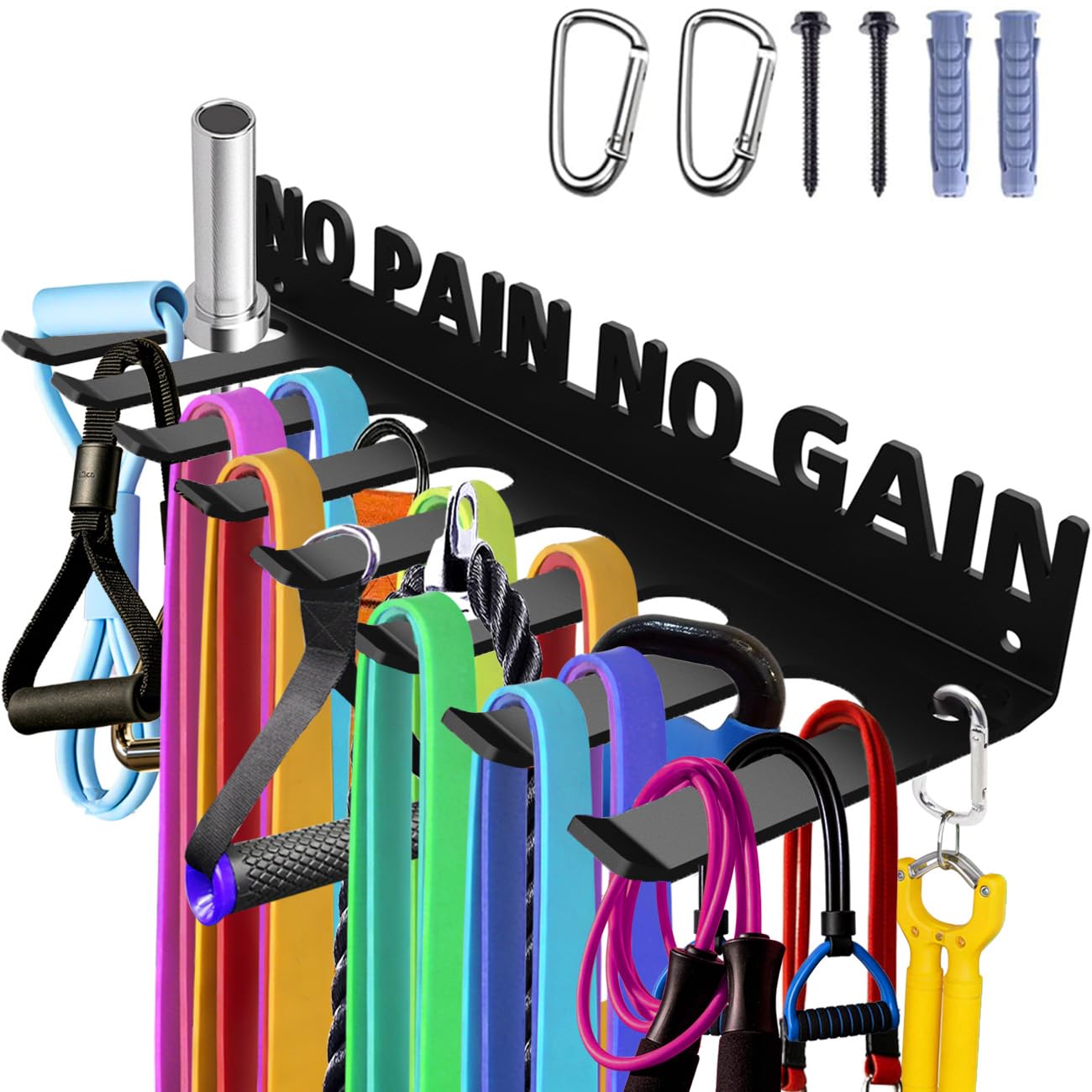 Home Gym Accessories Organization Storage Rack Equipment For Home 8 Hook Wall Hanger Display Gear Barbells Resistance Bands Jump Ropes Lifting Belt Hanger Accessories Hardware Included NO PAIN NO GAIN