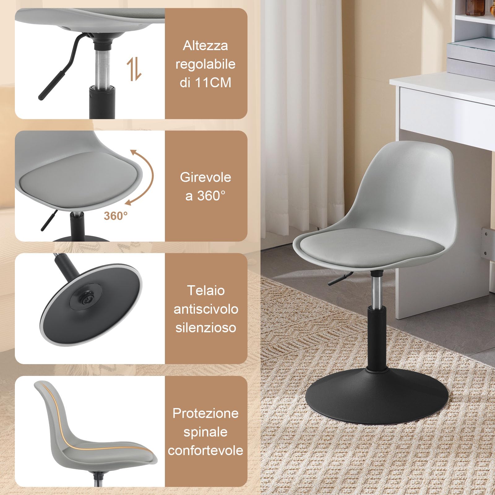 WOLTU Sgabello con Schienale Moderno Sedia da Cucina Girevole a 360° Altezza Regolabile Senza Braccioli in PU Altezza della Sedia 39,5cm-50,5cm Grigio BH304gr-1