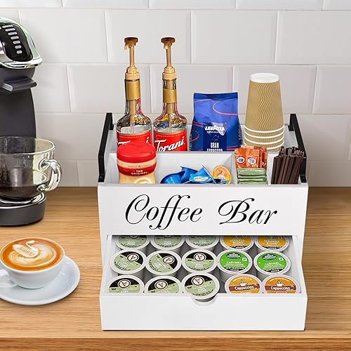 Miniatura 2 de ugiftt Organizador de accesorios de barra de café, estación de madera con asa, cesta de almacenamiento para tazas K con cajón, organizador de