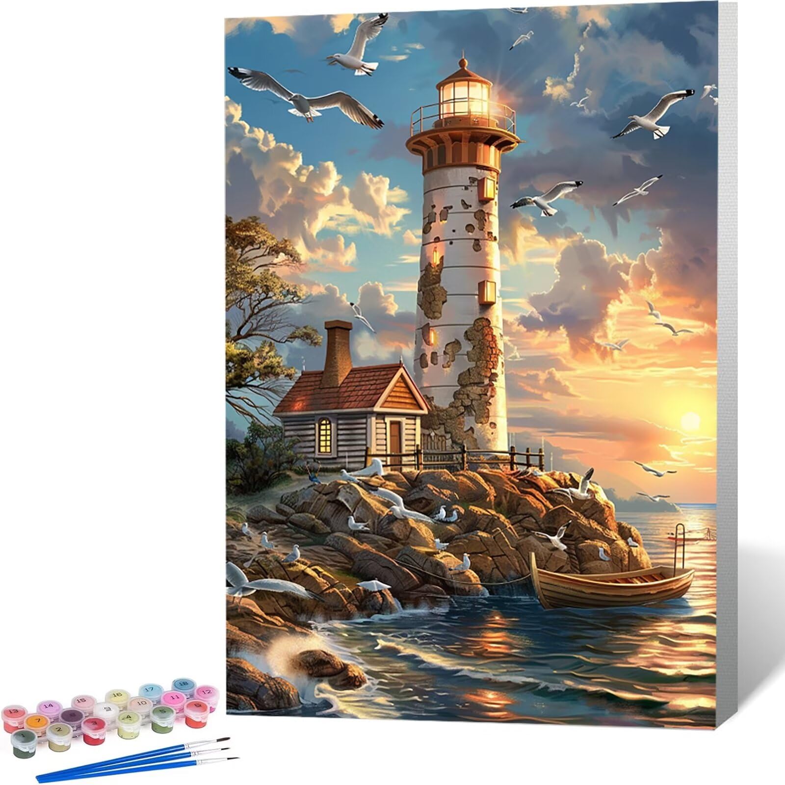 Kit De Pintura Por Números QENSPE – Lienzo De Faro Abstracto 40x30 Cm Con Pinceles Y Pinturas Acrílicas