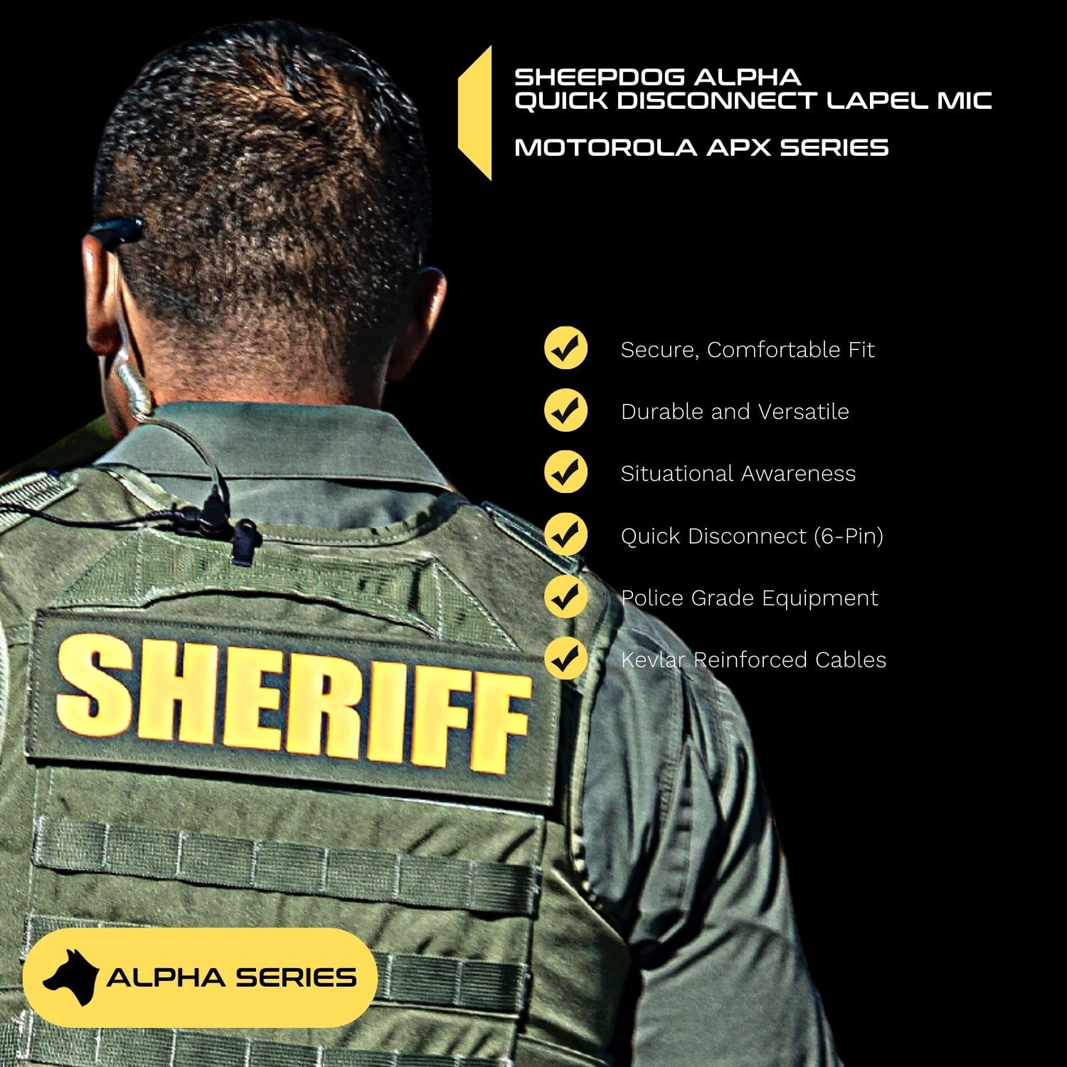 Sheepdog - Micrófono de solapa de policía de desconexión rápida, compatible con radios Motorola APX 6000 APX 7000 APX 8000 y APX 4000, auriculares de aplicación de la ley