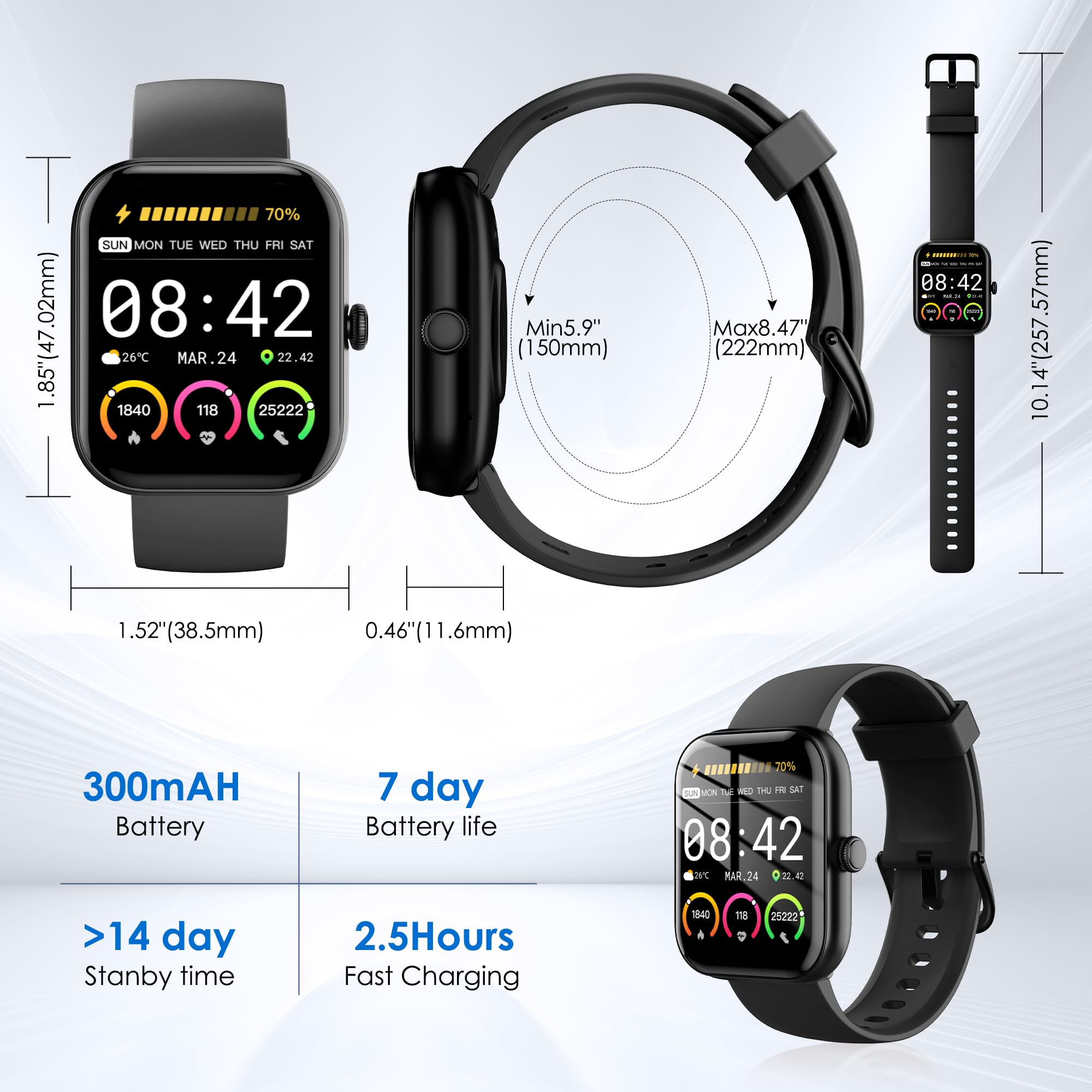 Smart Watch for Men Women, 100+ Sports Modes, Heart Rate/SpO2/Sleep Monitor, 1.91" Touch Screen, Bluetooth Calls, IP68 Waterproof Fitness Tracker, Alexa Built-in, iOS Android Compatible (Black)