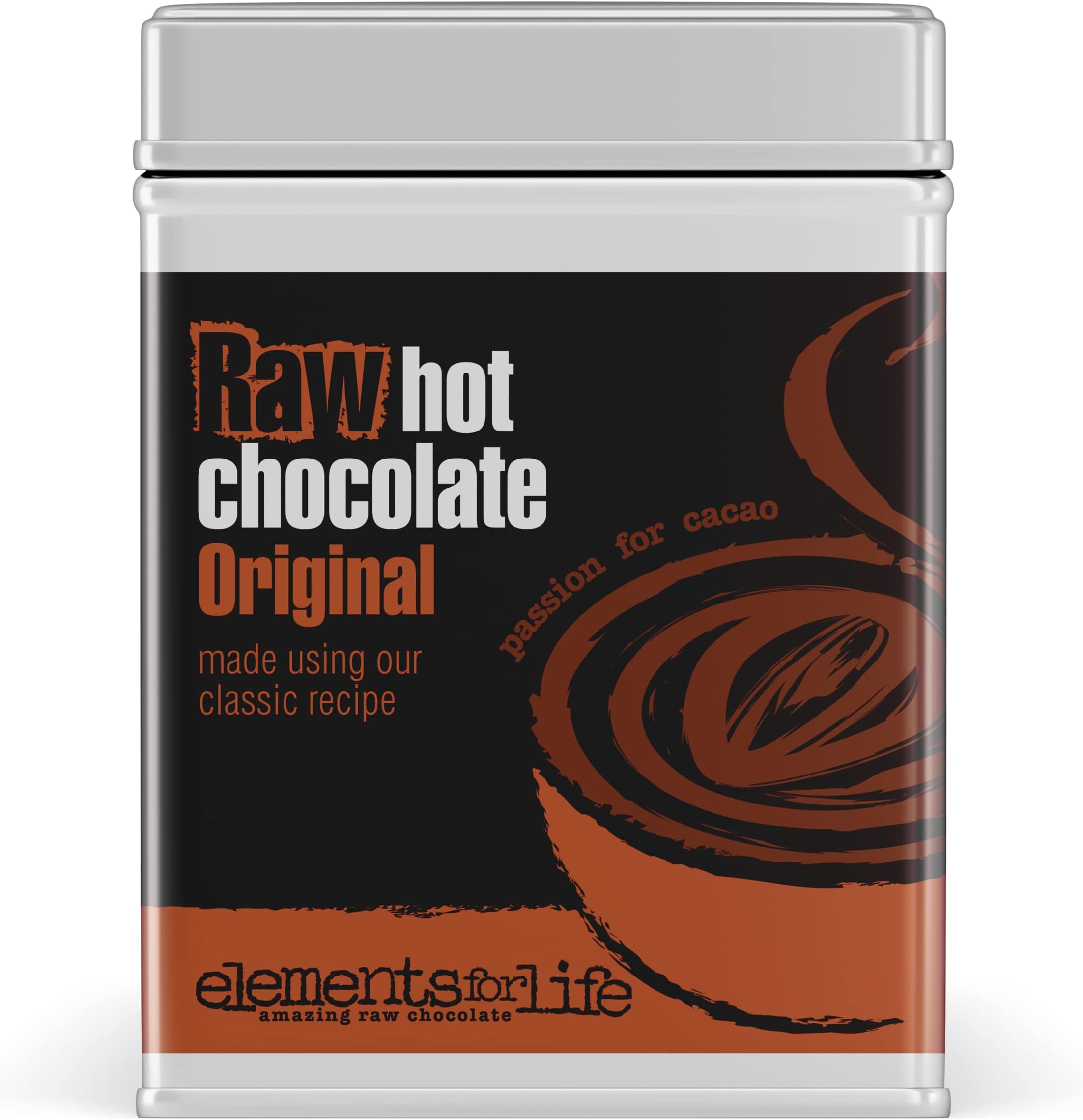 Premium Vegan Raw Hot Chocolate Cocoa Powder | Original Chocolate flavour | Criollo, Raw Cacao & Coconut Blossom Sugar | Dairy Free, Soya free and Gluten Free | 1 x 175g Tin Can