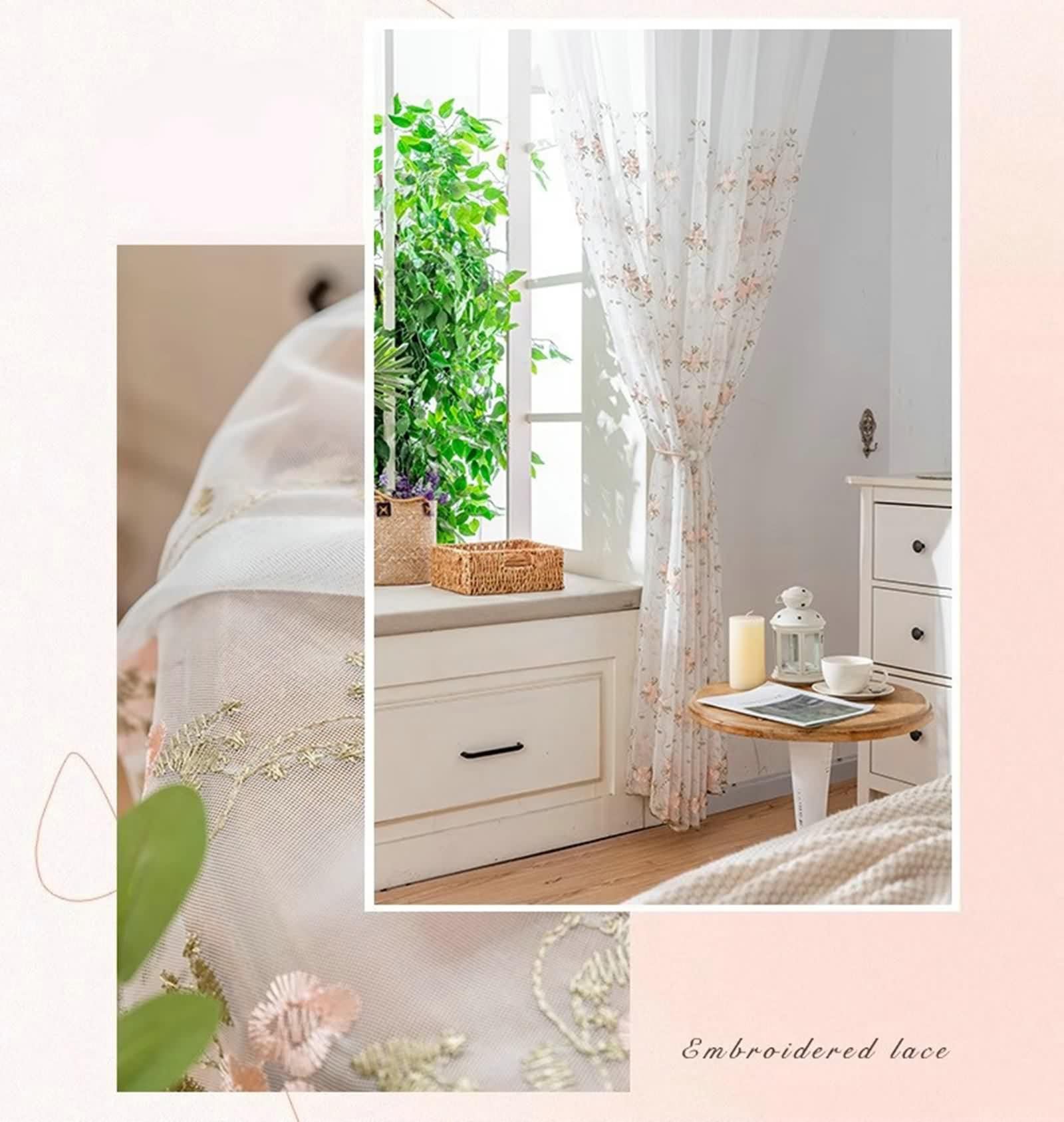 Rideau Fenetre Longue, Voile Rideau Fenetre Blanc Rose Vert Polyester Fleurs et Feuilles Brodées 2 Pièces LxH 300x270cm