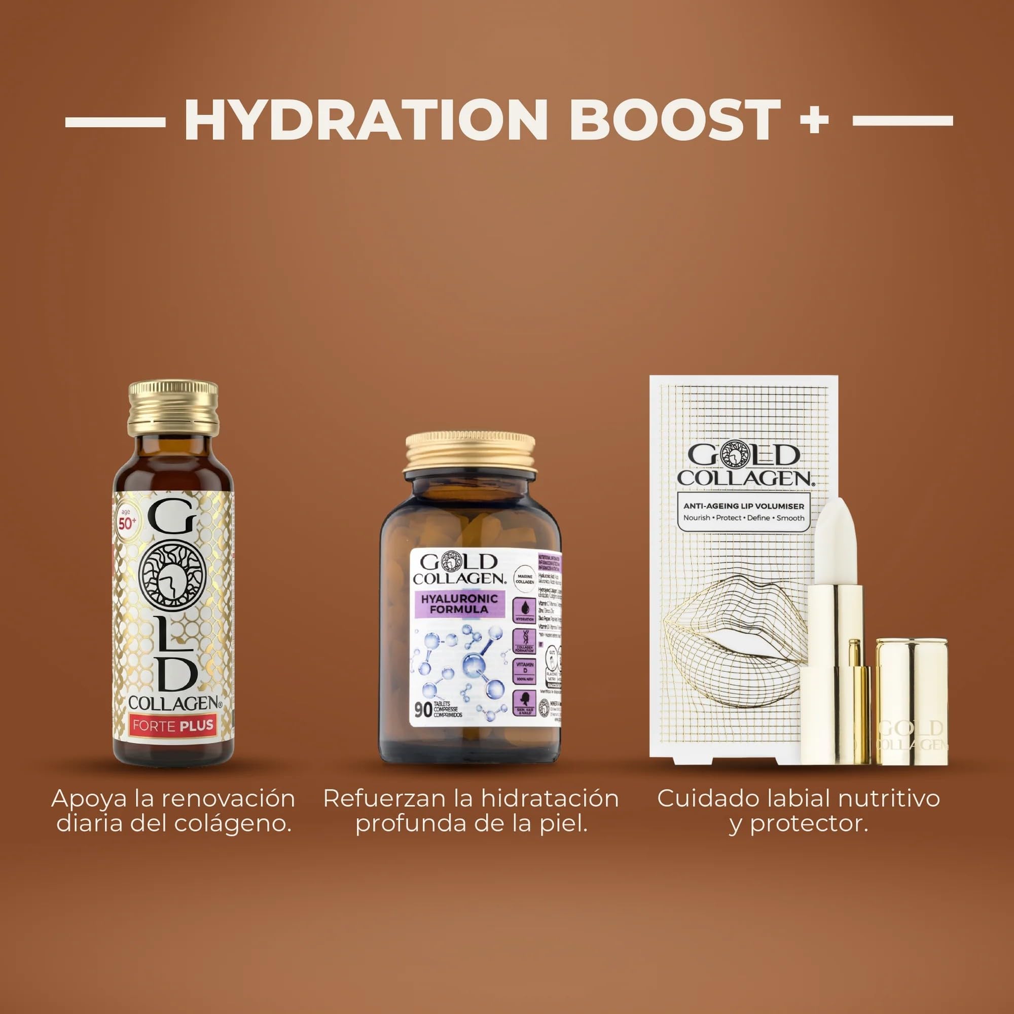 GOLD COLLAGEN New Forte Plus - Complemento con 8g de Colágeno Marino Hidrolizado y Biotina para el Cabello para Piel y Sistema Inmunitario, Vitamina C y Ácido Hialurónico, 1 Caja x 10 Botellitas 50 ml