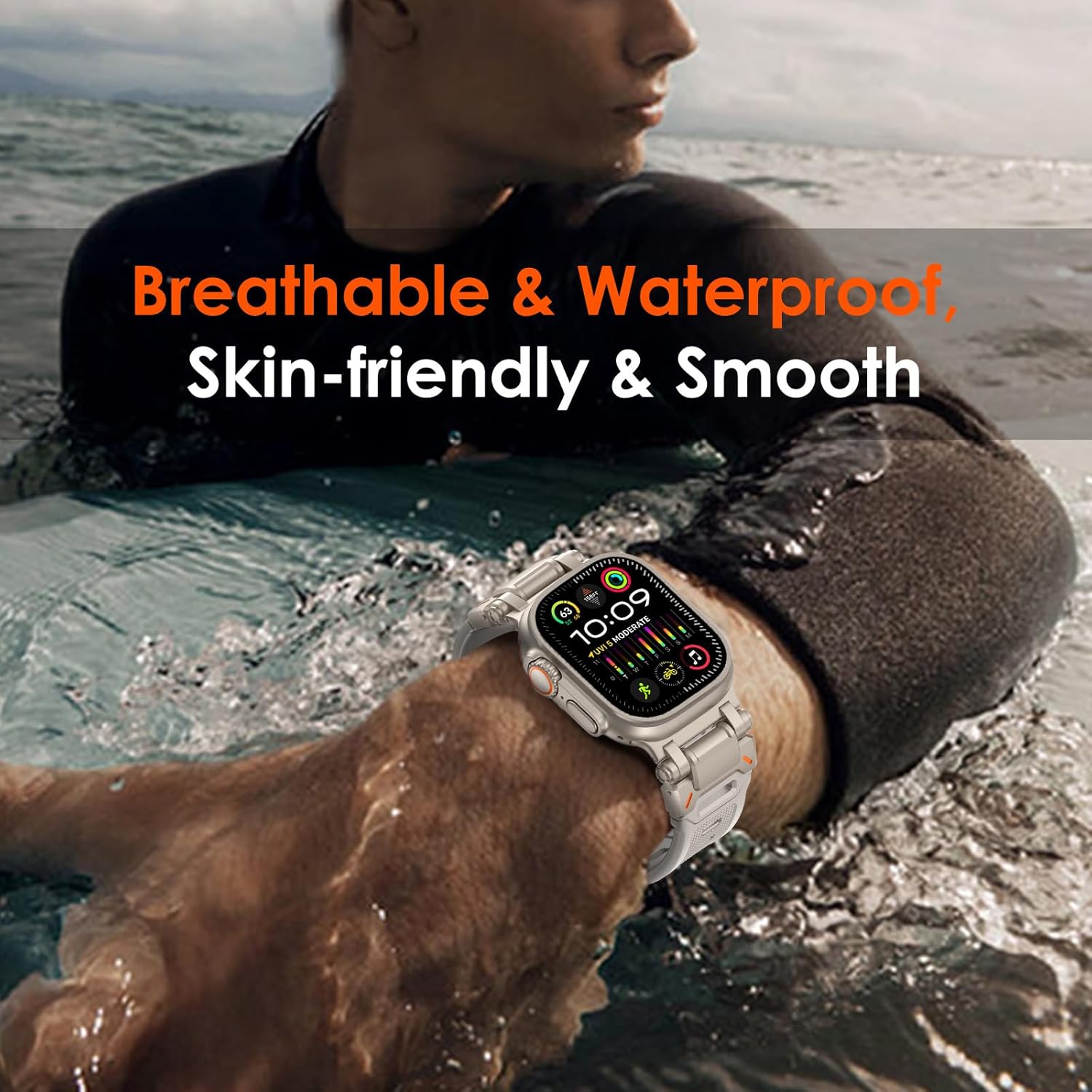 WINGLE Silicone Rubber Bands for Apple Watch Band Ultra 3/2/1 Band Ultra 49mm Series 11 10 46mm 45mm 44mm 42mm SE 3/2/1 9 8 7 6 5 4 3 Men, Military Rugged Metal Connector iWatch Sport Bands, Starlight