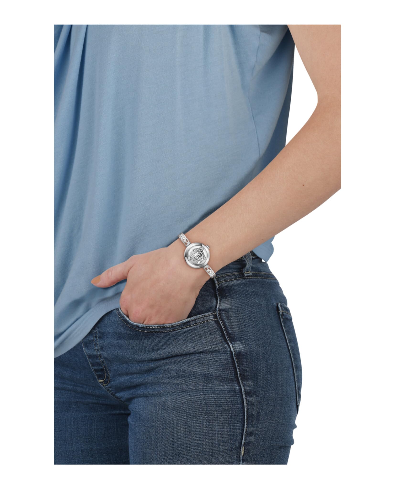 Versace Medusa Secret - Orologio da donna svizzero, di lusso, con quadrante a raggi solari argentati, cassa in acciaio inossidabile da 25 mm, bracciale Greca, chiusura con gioielli, 3 ATM