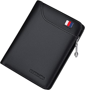Small Wallet with Zipper Genuine Leather RFID Blocking Credit Card Wallet with Coin Pocket Bifold Wallets, Gift for MenBlack