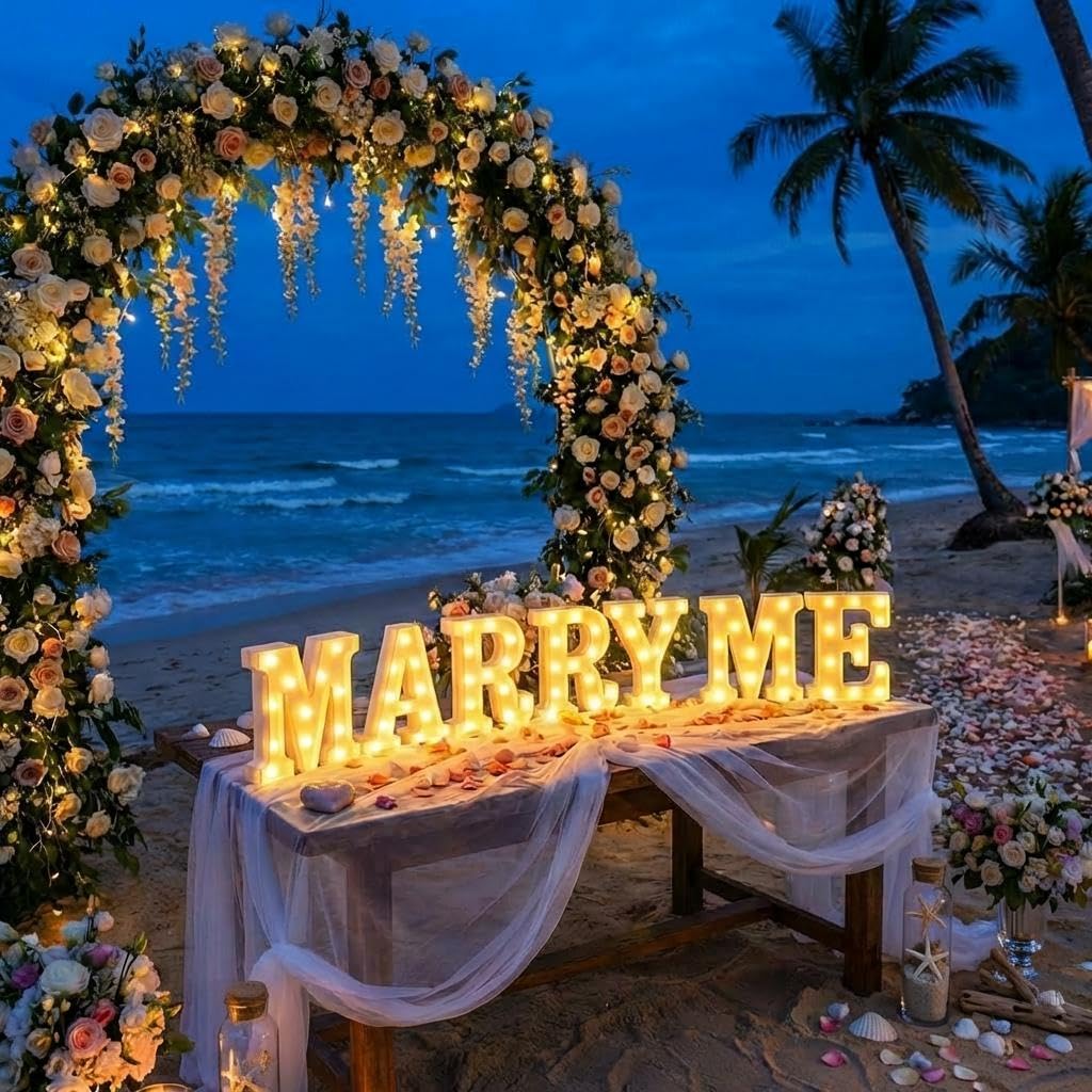 Letras LED 3D 'Marry Me' - Luz Nocturna Romántica para Propuesta de Matrimonio y Decoración de Bodas - Ideal para Aniversarios, Fiestas, Hogar y Restaurantes - Uso Interior y Exterior