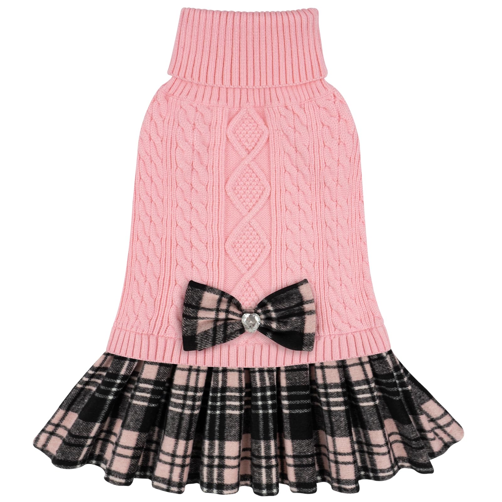 KYEESE Dog Sweater Soft Turtleneck Pet Sweater Dress Stretchy Cat Sweaters Thick Dogs Clothes with Bowtie Warm Pullover Pet Coats Comfy Knitwear Dog Sweaters for Small Dogs Girl, Pink, Large