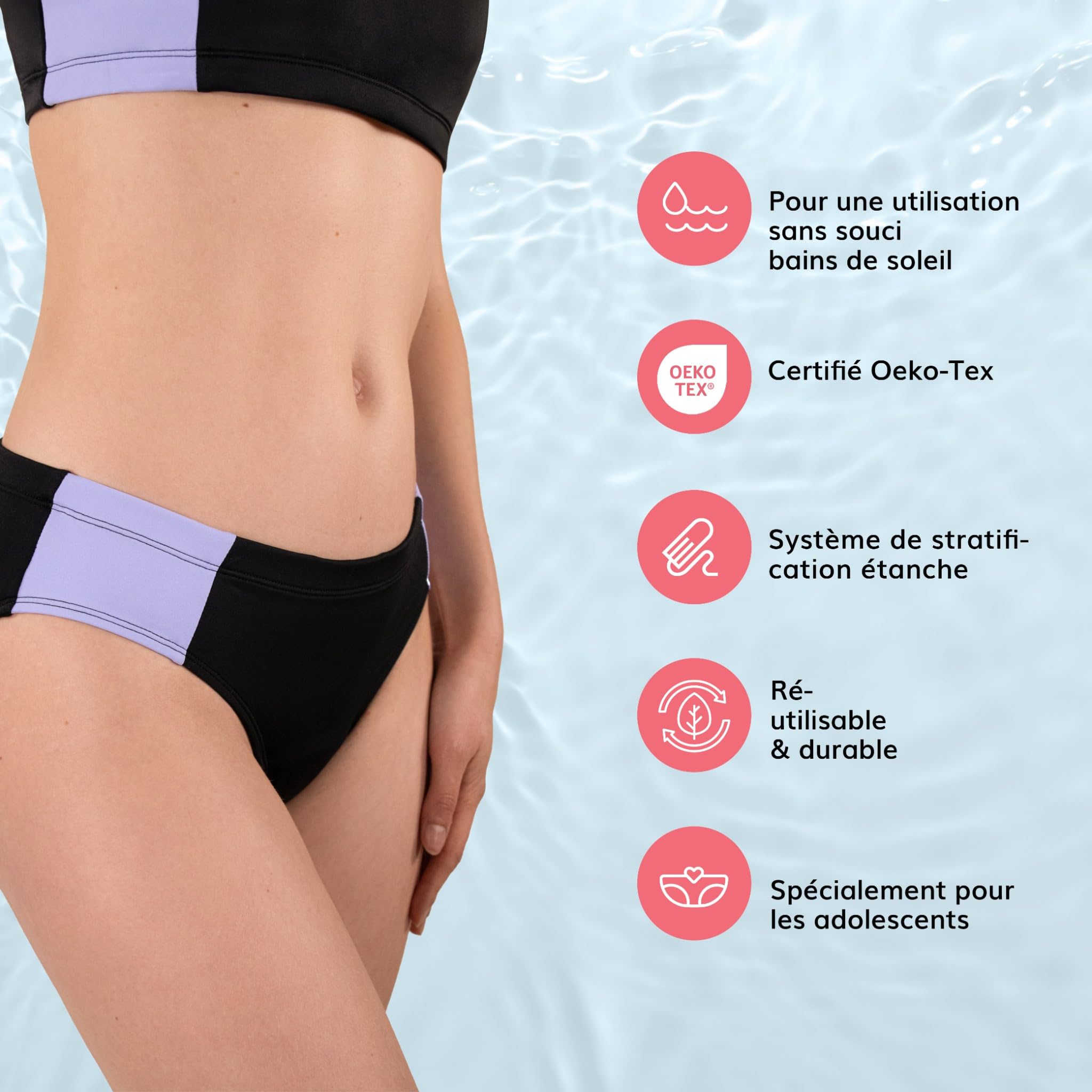 MYLILY Maillot de Bain Menstruel Filles & Adolescentes | Coupe Sport | Piscine, Mer & Plage | Culotte de Bain Femmes | 4 Tampons, Anti-Fuite, Oeko-TEX, Végan