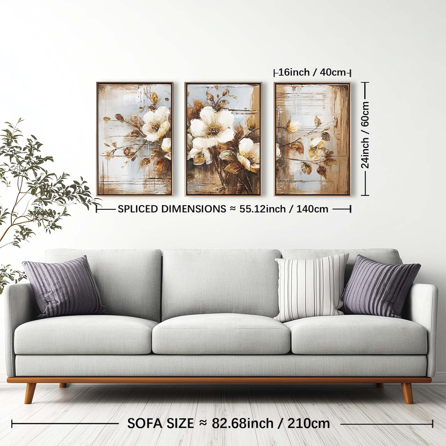 YCJKJDZ Framed Dark Floral Canvas Wall Art Set of 3, Neutral Fall Plant Bohemian Vintage Moody Flower Wall Decor Artwork for Farmhouse Bedroom Living Room Office, 16x24 inches