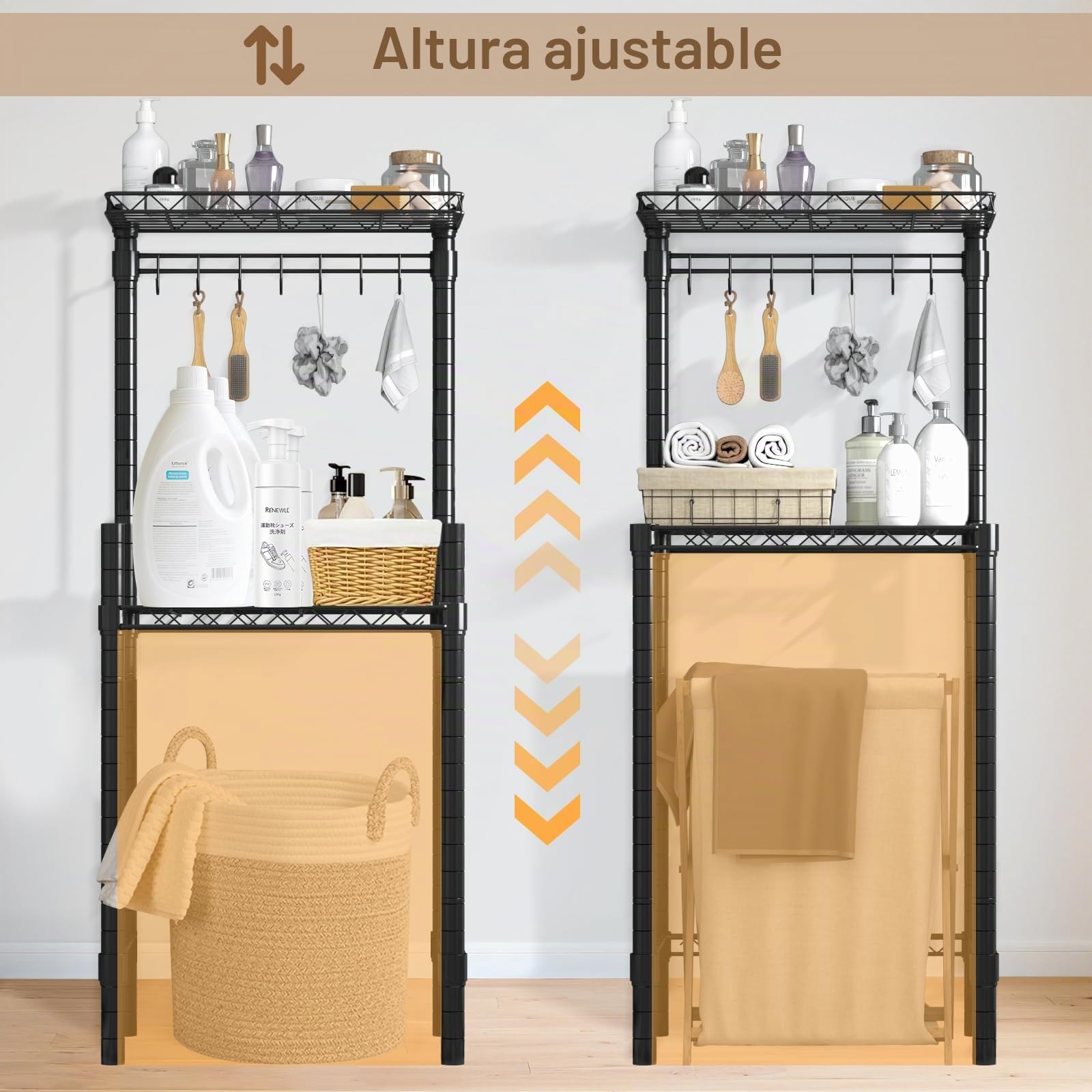 Estantería para Mini Nevera de 2 Niveles con 7 Ganchos | Metálica Ajustable, para Cocina, Baño, Dormitorio o Lavandería, Negro, 60 × 40 × 145,5 cm