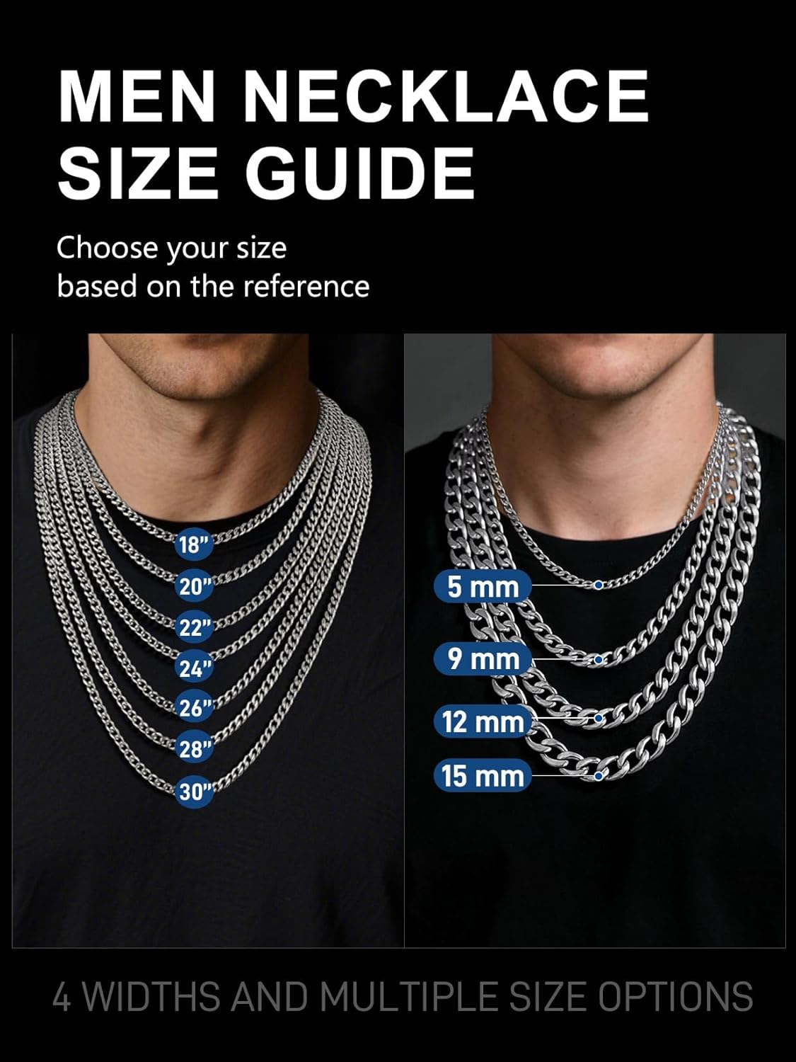 ChainsPro Cuban Link Necklace for Men, Silver/Black/Gold Plated Stainless Steel Mens Chain Necklace 5/9/12/15 MM Width,14"-30" Length Hip Hop Accessories Jewelry Gifts for Father's Day Christmas - Image 6
