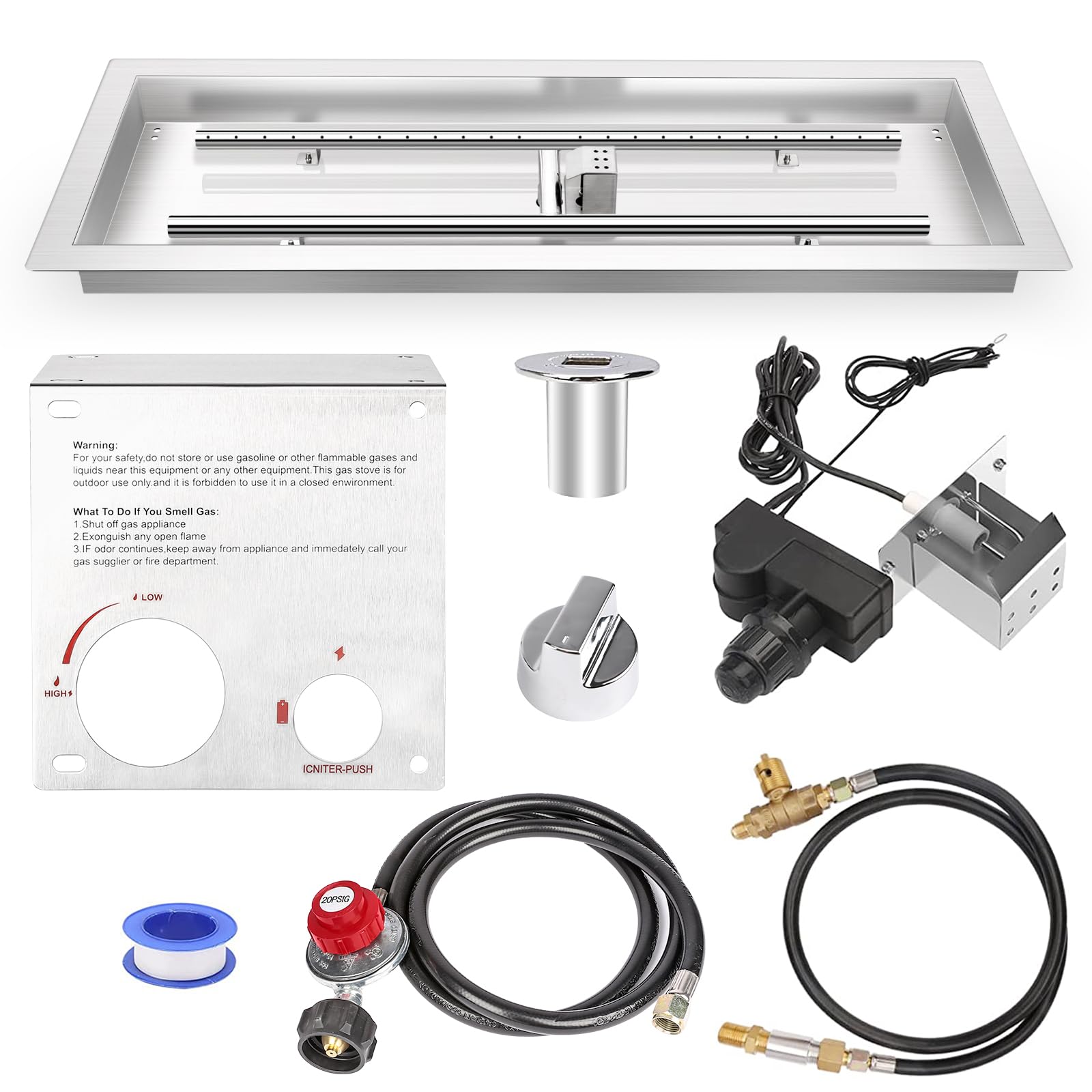 Amazon.com: QuliMetal 24 x 8 Drop-in Fire Pit Pan with Spark Ignition Kit  - Natural u0026 Propane Gas Rectangular 304 Stainless Steel Fire Pit Burner Kit  for Indoor u0026 Outdoor, Rated for