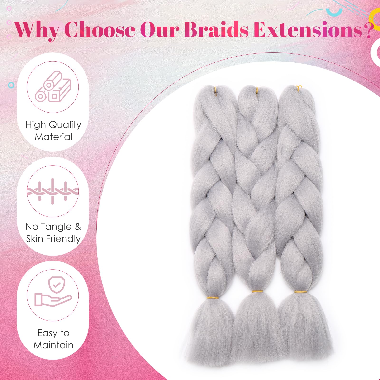 Benehair 3 Packs 24 Inch Braid Extensions Jumbo Box Braiding Hair for Twist Colorful Synthetic Hair Extensions for Braiding Light Gray Hair Extensions for Women(3 Packs - Image 4