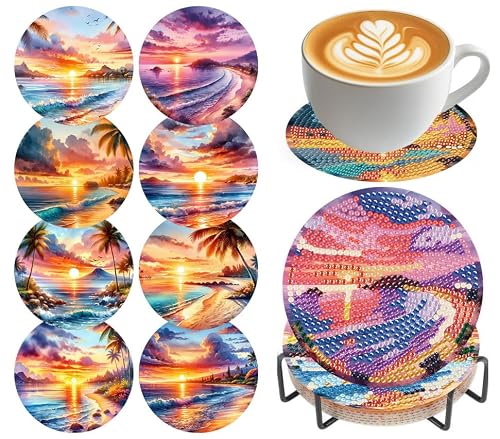 Diamond Art Coasters Kit,8 Pieces Ocean Beach Diamond Painting Coasters Kit