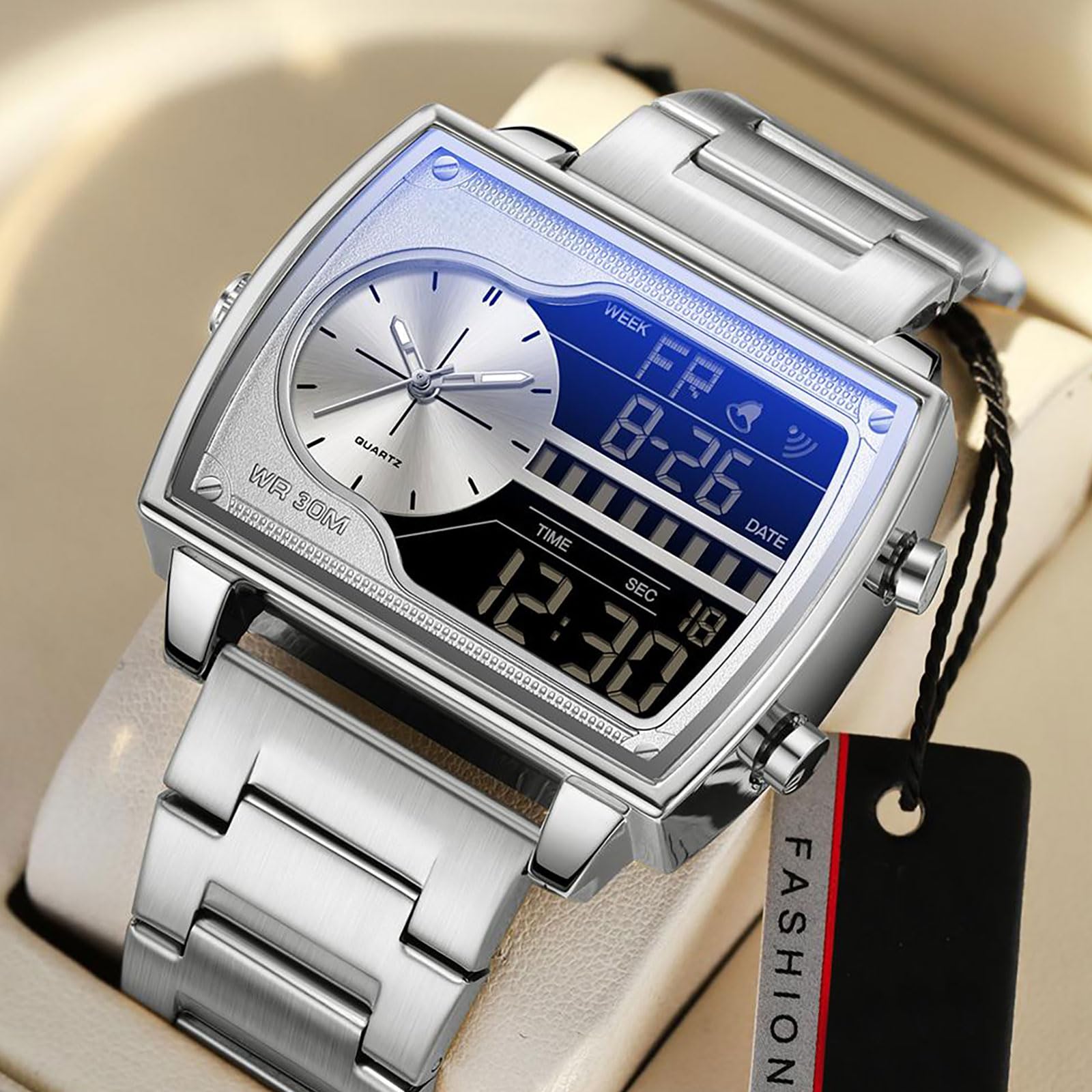 findtime Orologio da uomo rettangolare retrò lussuoso orologio da polso da uomo digitale analogico al quarzo classico business casual tre fuso orario impermeabile illuminato grande quadrante per