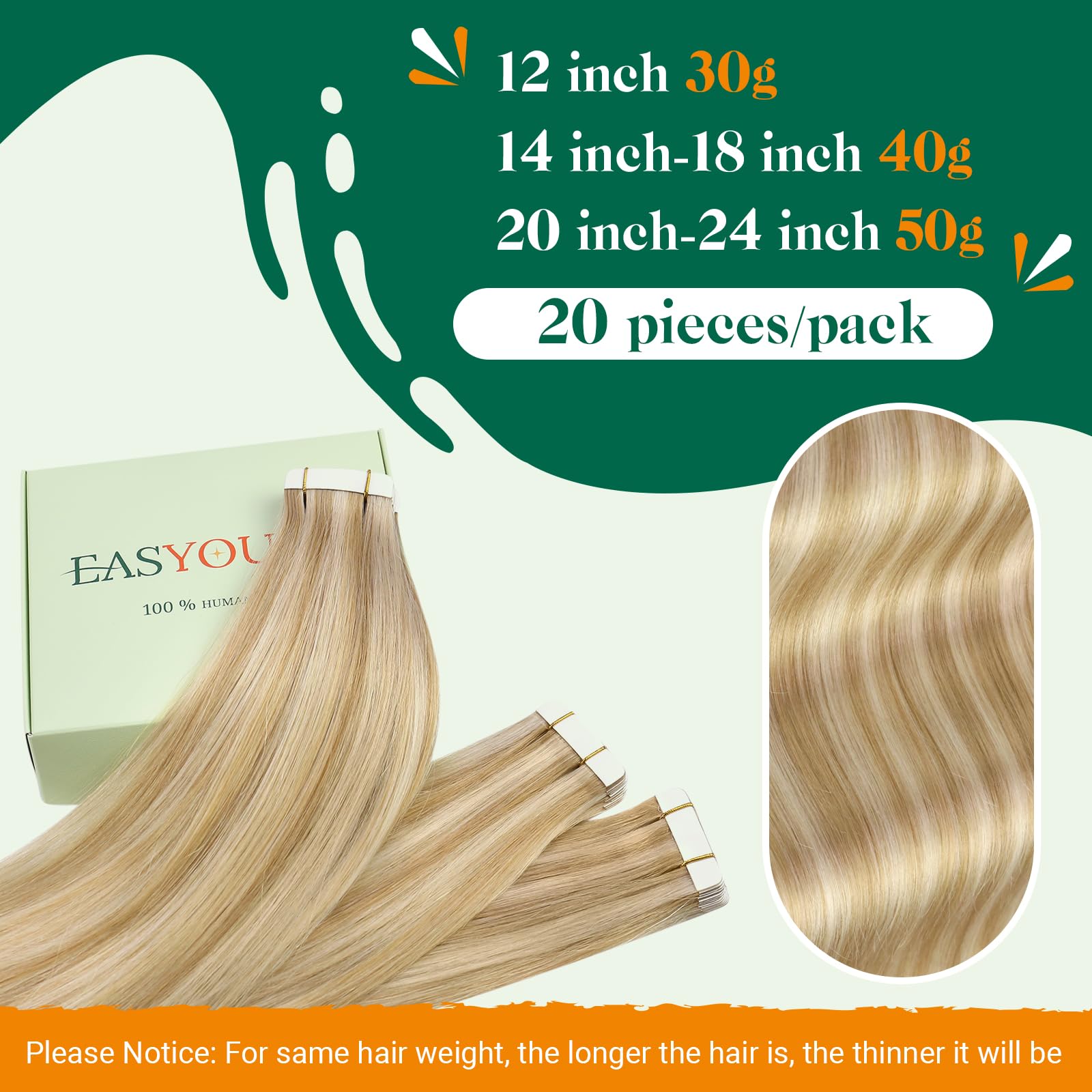 Easyouth Hair Extensions Tape in Human Hair Invisible Tape Hair Extensions Blonde Highlight Tape Extensions Real Human Hair Tape ins 24 Inch Honey Blonde Mixed Medium Blond 50g 20Pcs #27/613 - Image 2