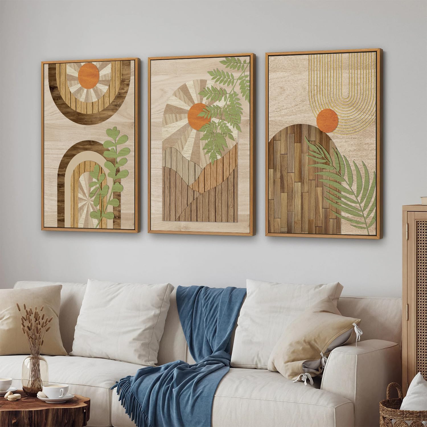 KYLESONLIE Mid Century Modern Framed Canvas Wall Art Set, Boho Wood Geometric Panel Wall Decor, Rustic Wooden Arch Art Painting, Pastel Sage Green Leaf Artwork for Living Room Bedroom Office 16"x24"x3