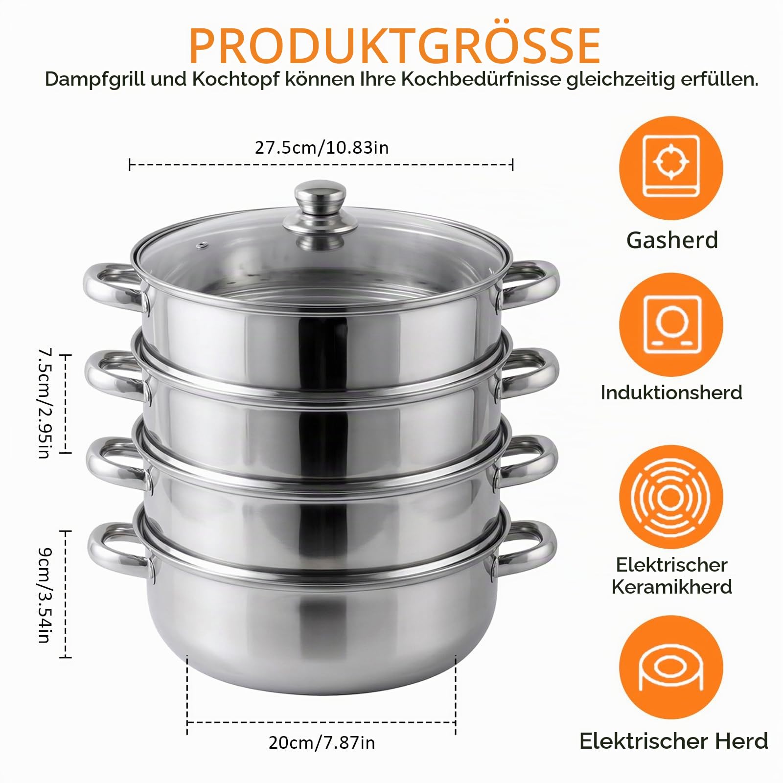 Dampfgarer 28 cm aus Edelstahl, 3- & 4-stöckiger Dampfgarer Topf mit Glasdeckel, Stapelbarer Dampfkochtopf für Gemüse, Fisch, Pasta & Suppen, für Induktion & Gas (4-Etagen)
