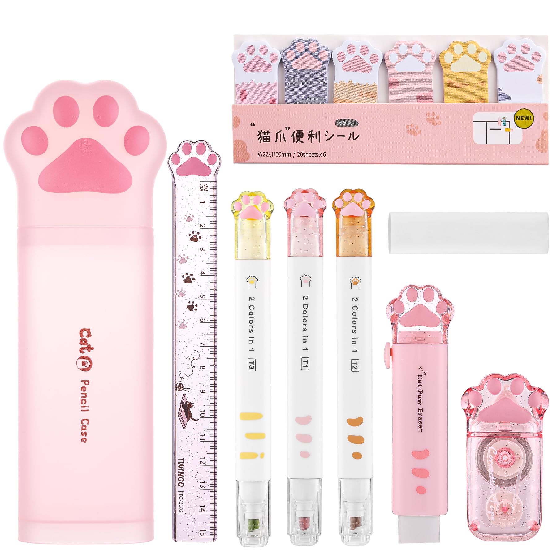9 Pcs Cute Cat Paw Stationery Set Kawaii School Office Supplies Including Eraser Correction Tape Highlighters Sticky Notes Ruler for Cat Lovers Students (Pink)