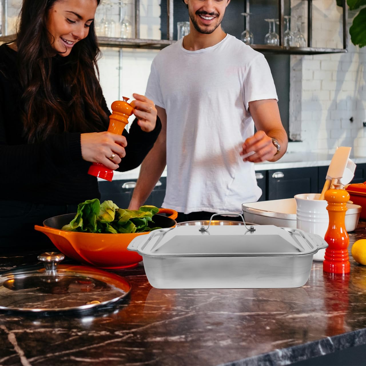 Dimeoni inless - Teglia da forno in acciaio con coperchio, profonda 41 x 24 x 7,5 cm, per pesce, carne e vetables, perfetta per forno e grill, e pentole versatili