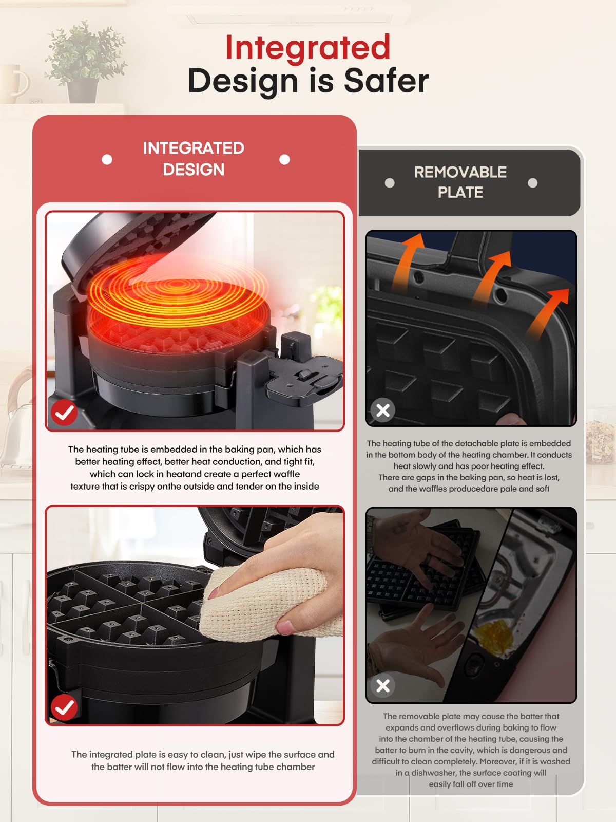 FOHERE Moule à gaufres 1400W Double moule à gaufres belges Rotation à 180°, 8 gaufres en 3 min., plaques antiadhésives, protection anti-brûlure, bac de récupération amovible Facile à nettoyer, Waffle