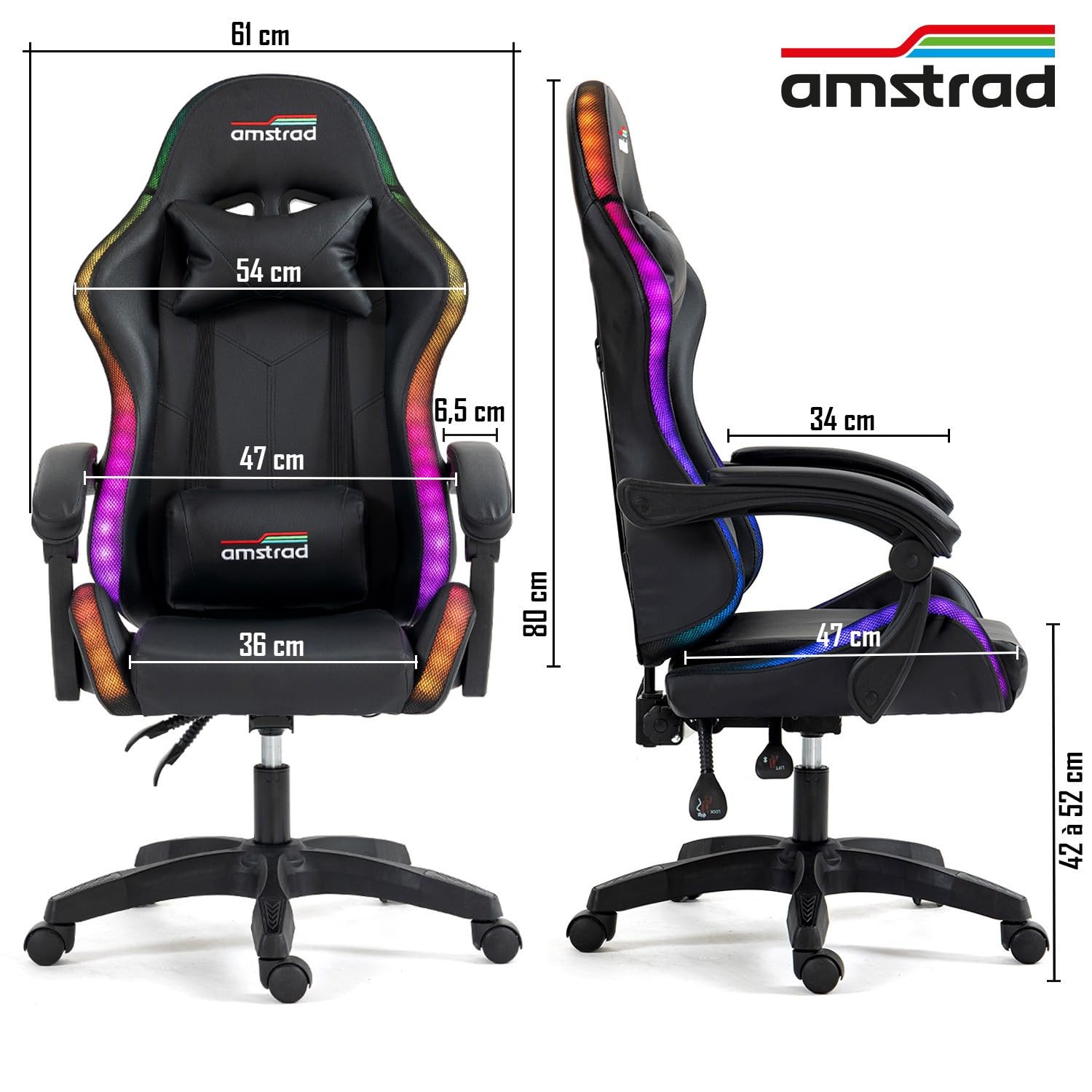 Amstrad AMS-LED-DARKSIDE Fauteuil / Chaise de bureau Gamer noir avec éclairage LED 366 effets - Télécommande - Informatique