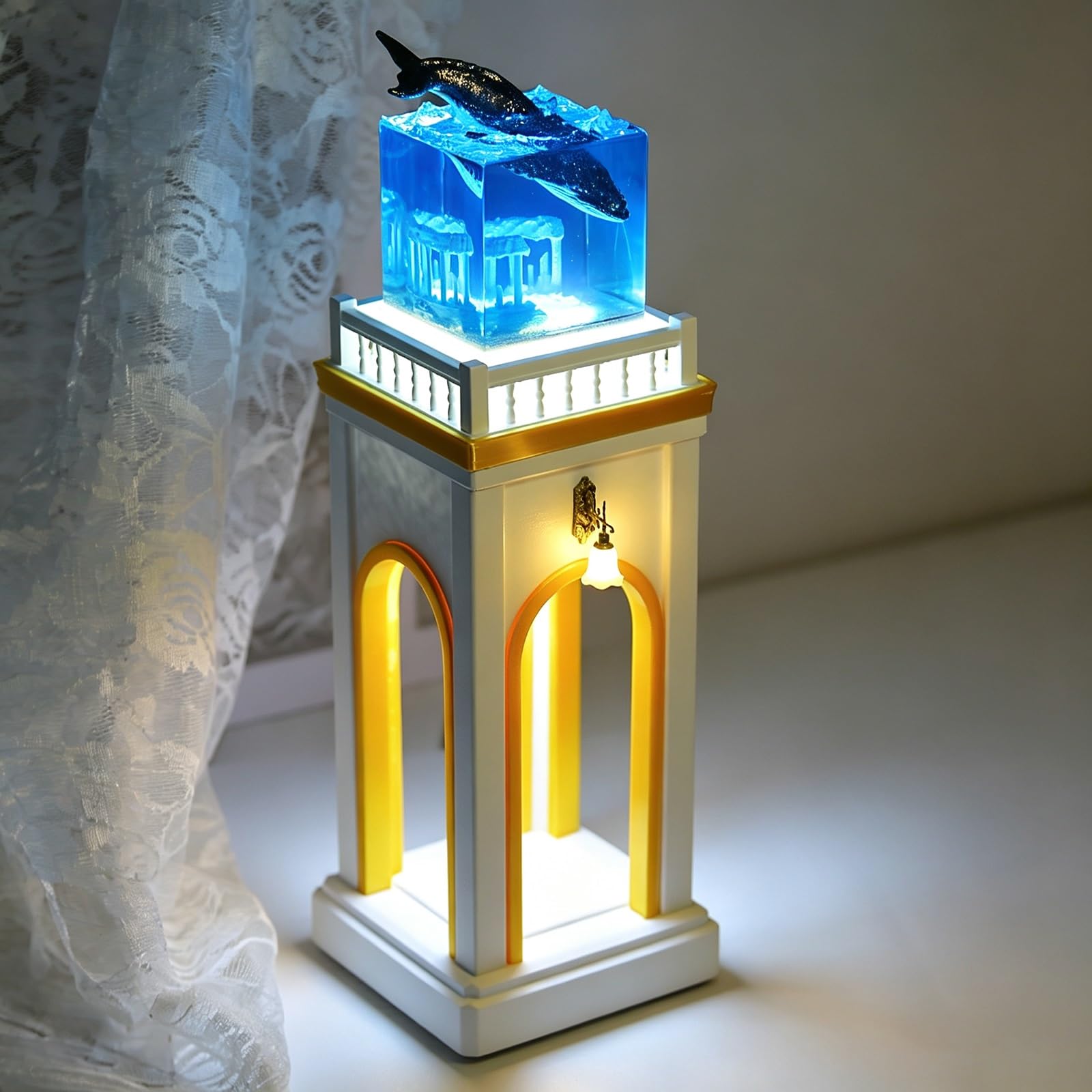 Luz Resina Epoxi Cubo Ballena, Lámpara USB Base Madera