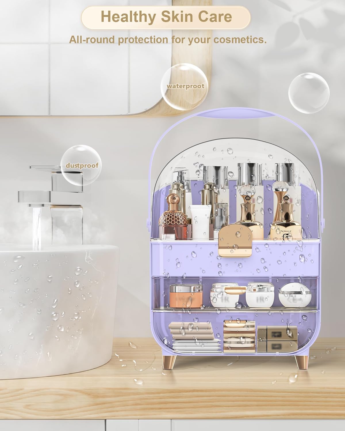 Makeup Organizer Countertop, Skincare Holder Bathroom Counter Organizer, Storage Box Cosmetic Display Cases, Teen Girl Gifts Make up Organizers for Vanity, Dresser (Purple) - Image 5