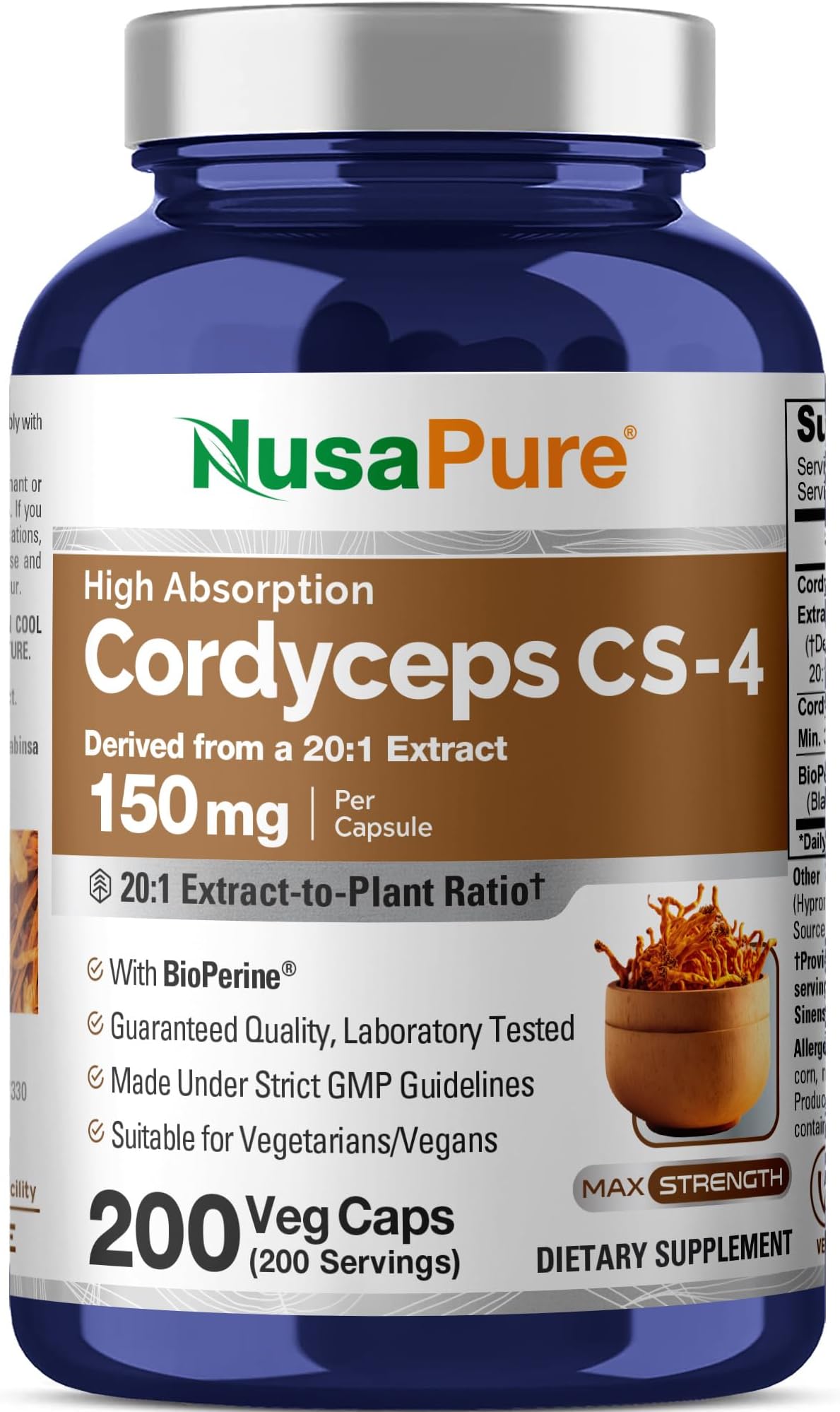 NusaPure Cordyceps CS-4 Capsules, 150 mg, 200 Veg Capsules (Non-GMO, Vegan)
