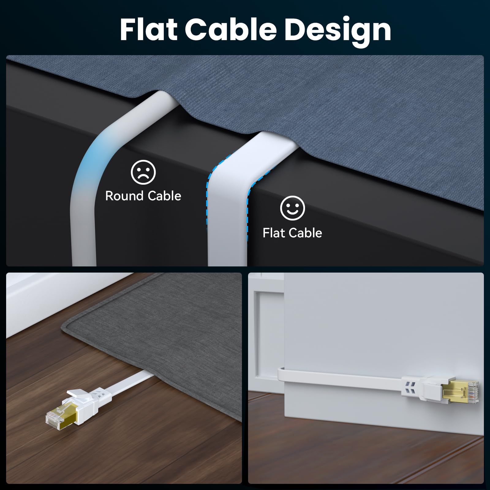Câble réseau LAN Cat8 50 m, 40 Gbit/s, 2000 MHz, câble réseau Ethernet Gigabit RJ45, câble patch plat, compatible avec routeur, modem, PC, ordinateur portable, blanc